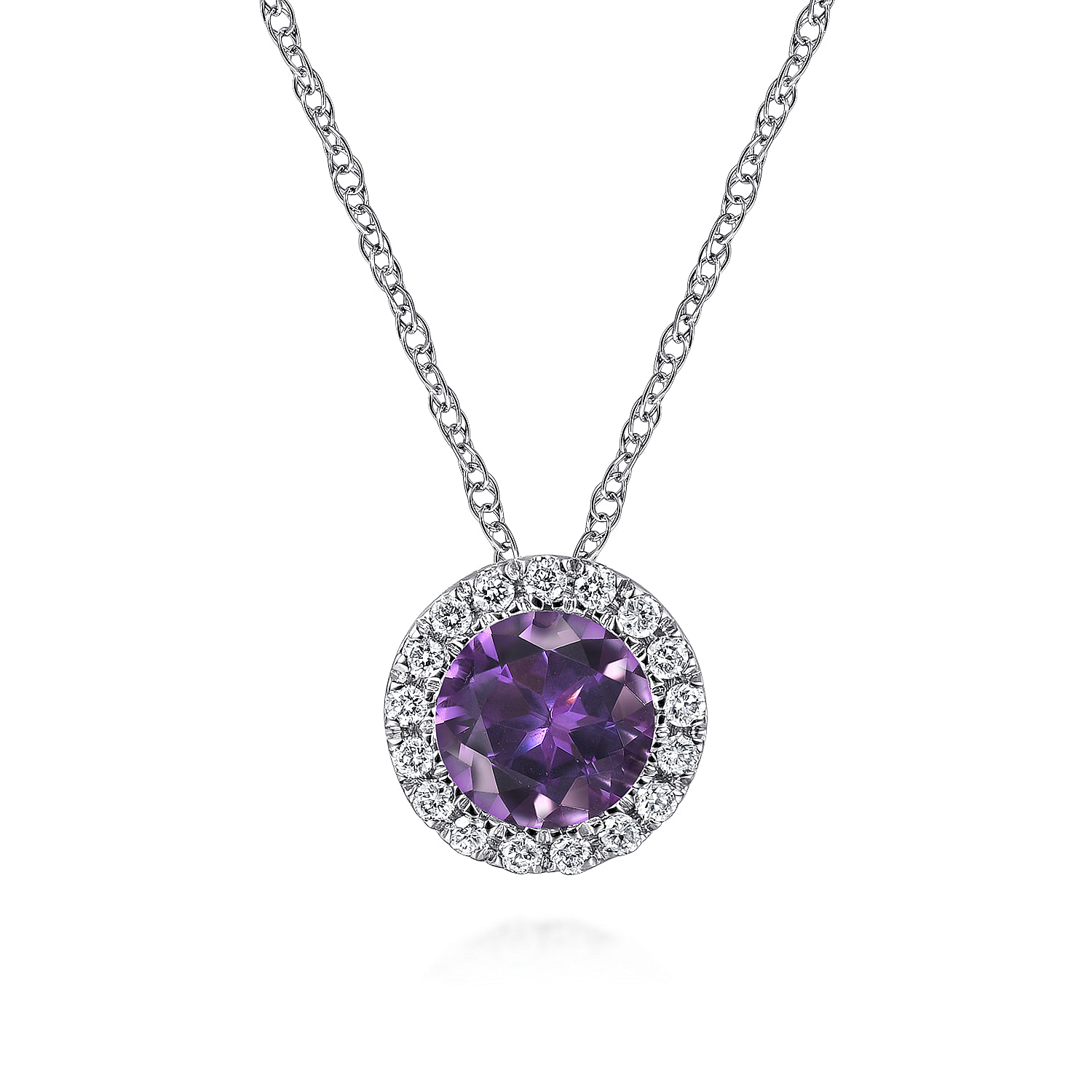 18 inch 14K White Gold Round Amethyst and Diamond Halo Pendant Necklace