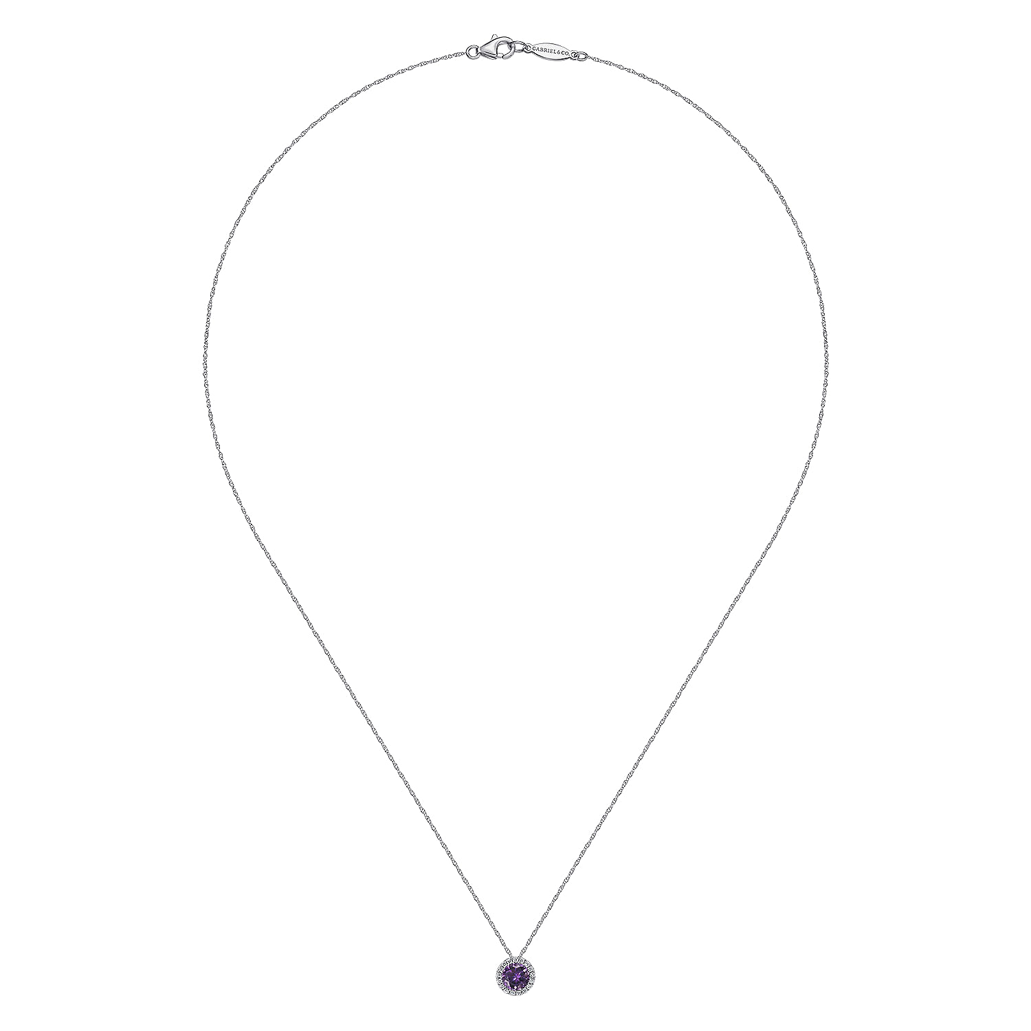 18 inch 14K White Gold Round Amethyst and Diamond Halo Pendant Necklace