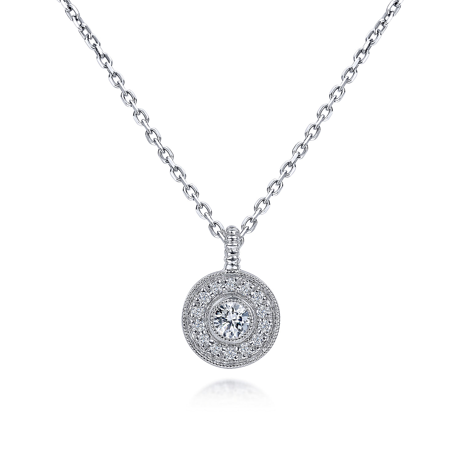 18 inch 14K White Gold Round Diamond Halo Pendant Necklace