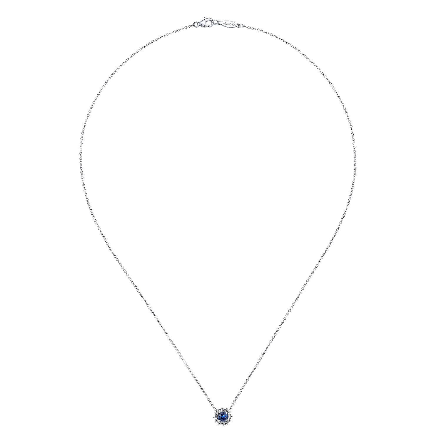 18 inch 14K White Gold Round Sapphire and Diamond Halo Pendant Necklace