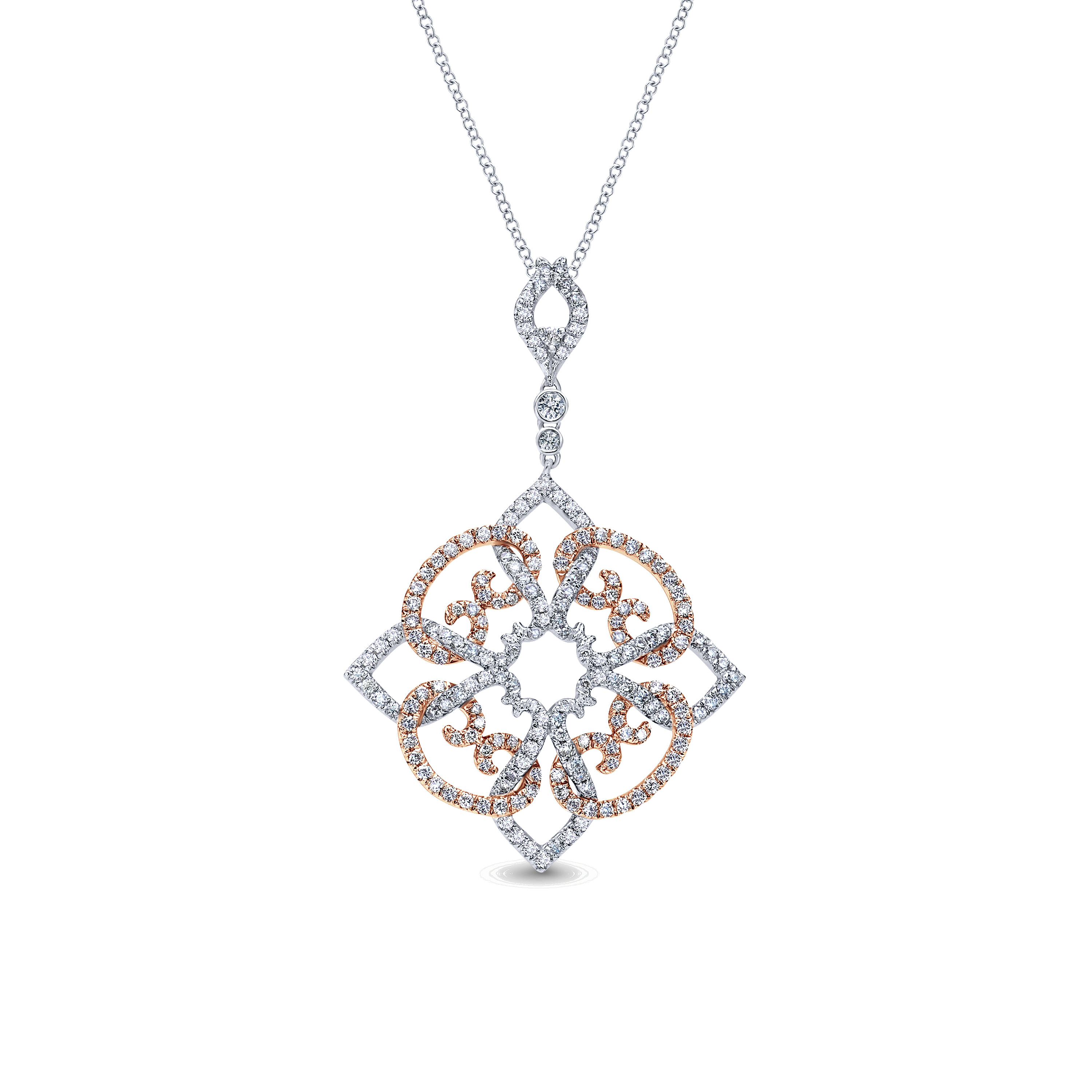 18 inch 14K White Rose Gold Floral Diamond Pendant Necklace