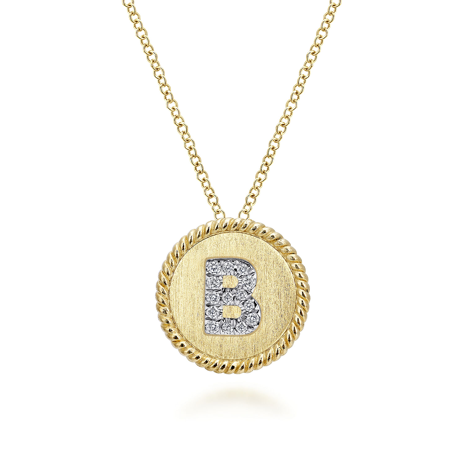18 inch 14K Yellow White Gold Round  Diamond B Initial Pendant Necklace