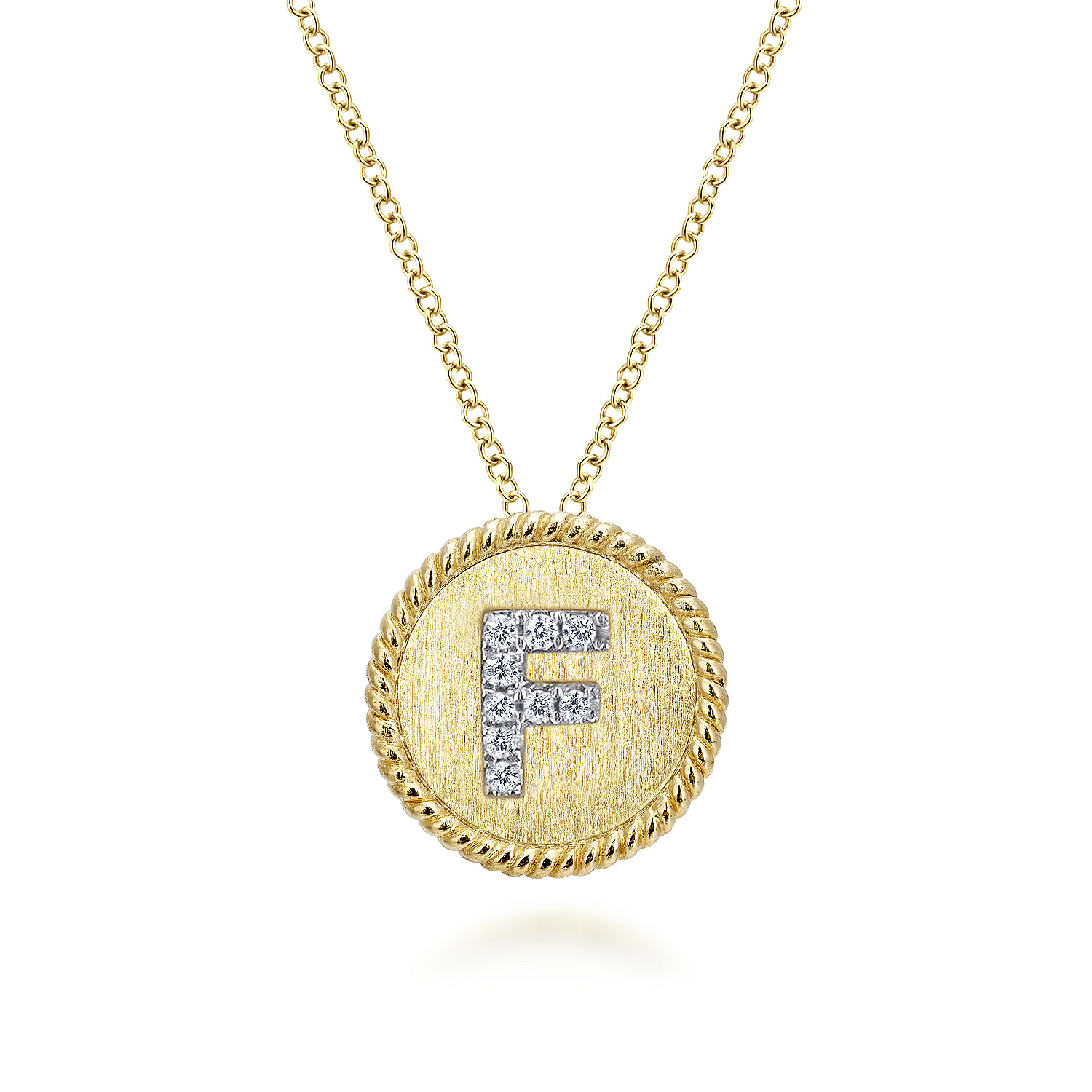 18 inch 14K Yellow White Gold Round Diamond F Initial Pendant Necklace