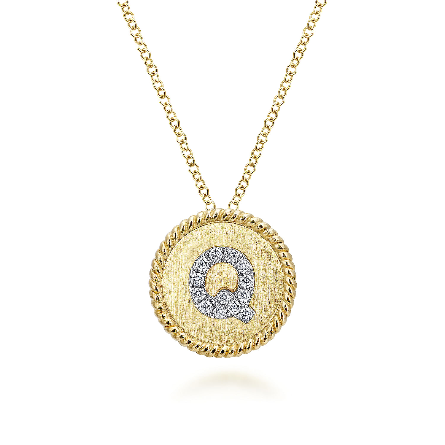 18 inch 14K Yellow White Gold Round Diamond Q Initial Pendant Necklace