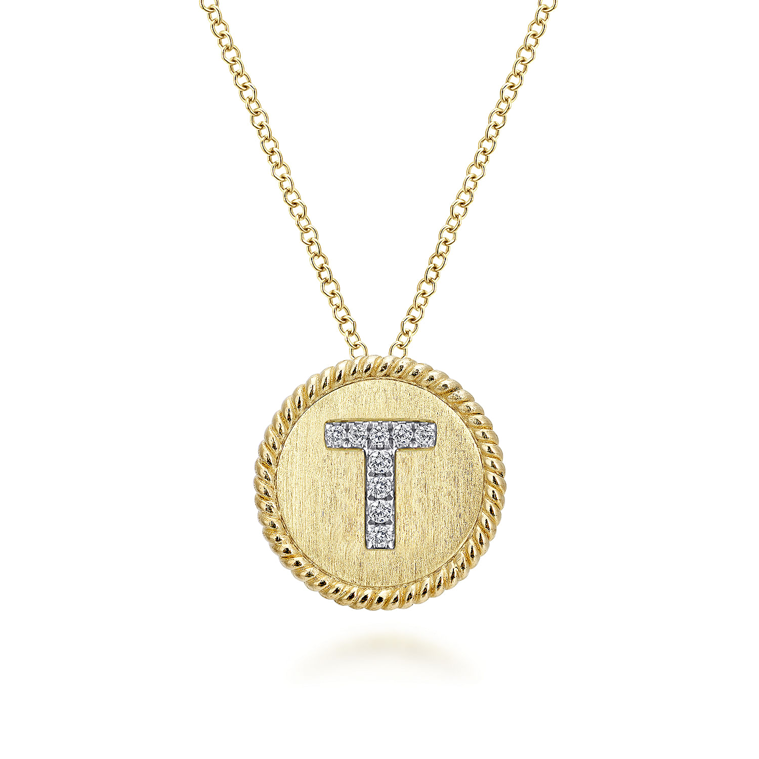 18 inch 14K Yellow White Gold Round Diamond T Initial Pendant Necklace