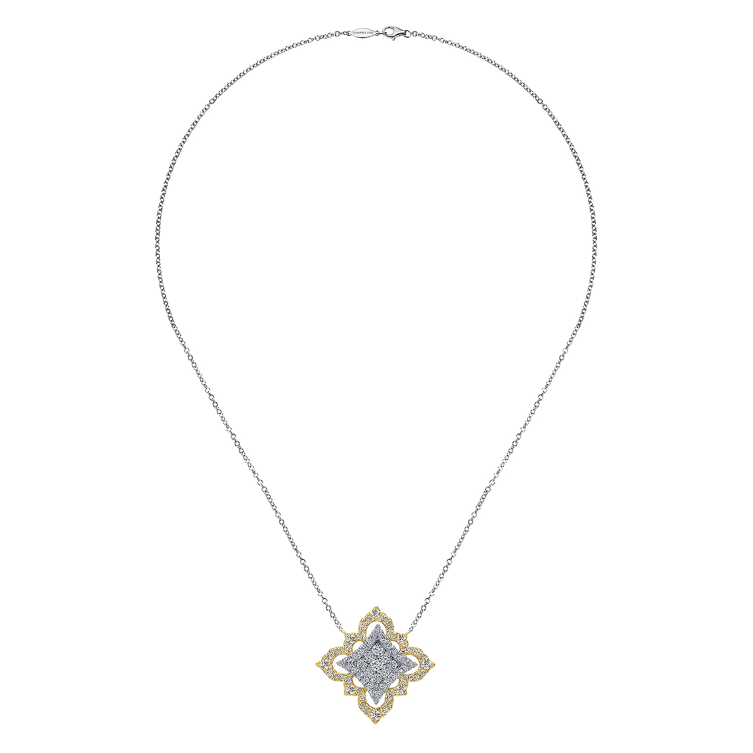 18 inch 18K Yellow White Gold Pavé Diamond Floral Pendant Necklace