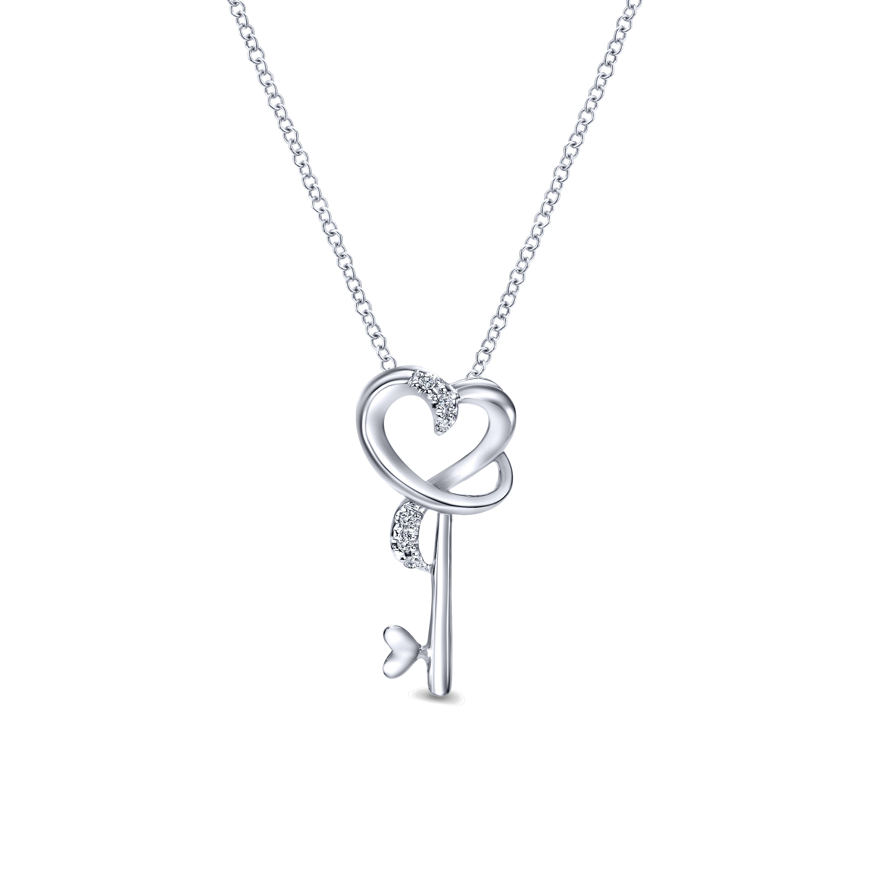 18 inch 925 Sterling Silver Heart Key Pendant Necklace with Diamonds