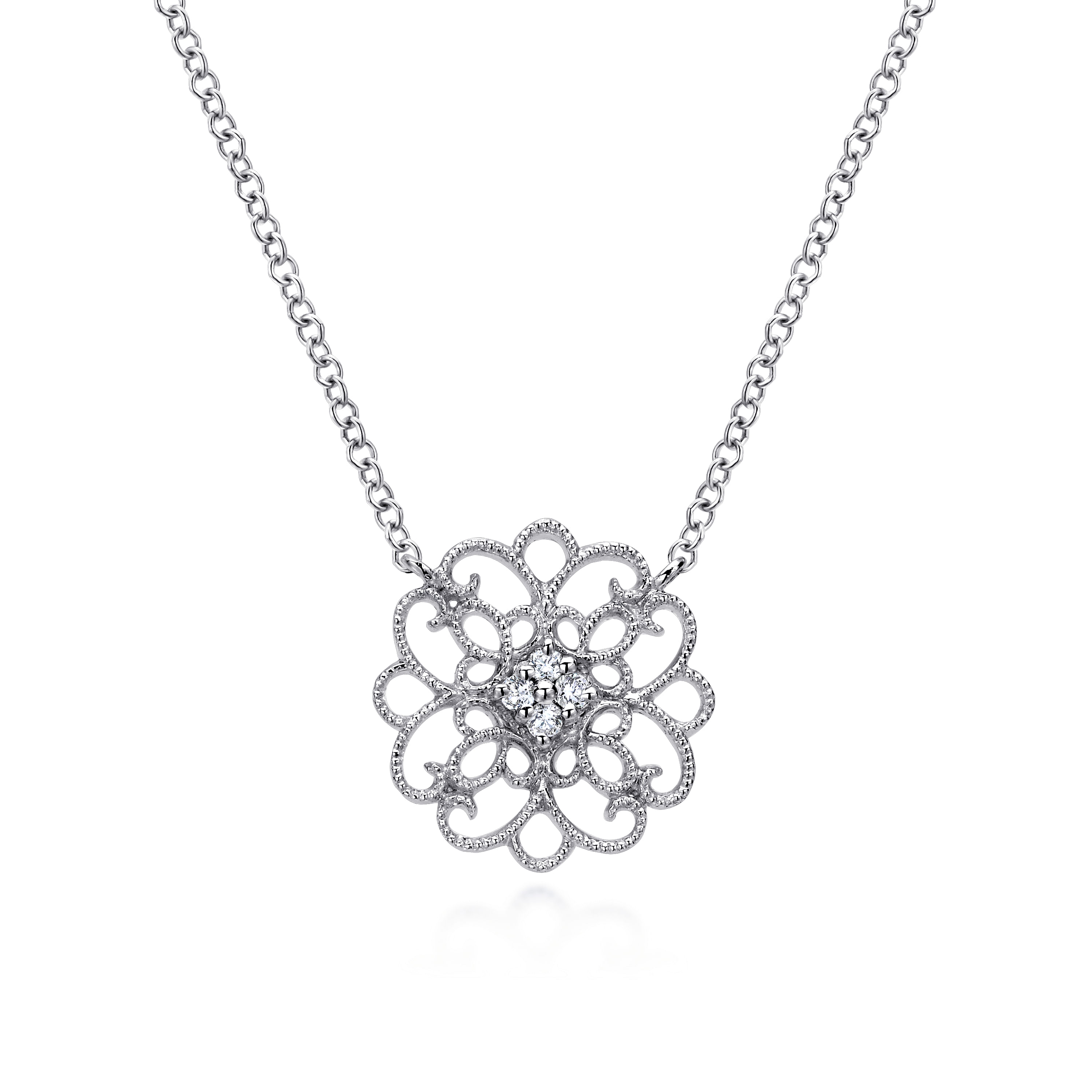 18 inch 925 Sterling Silver Round Filigree White Sapphire Pendant Necklace