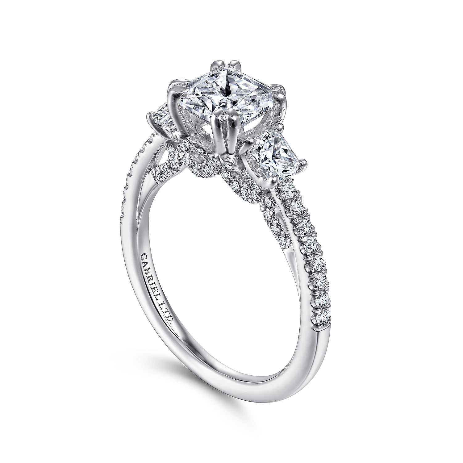 18K White Gold Cushion Cut Three Stone Diamond Engagement Ring