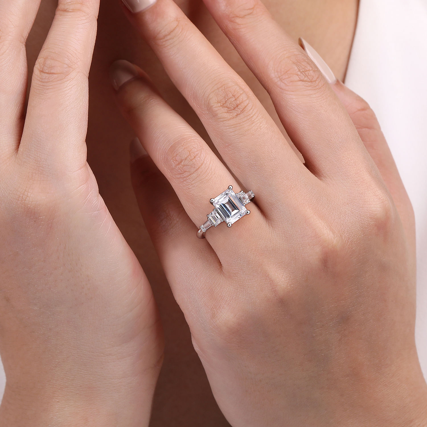 18K White Gold Emerald Cut Five Stone Diamond Channel Set Engagement Ring