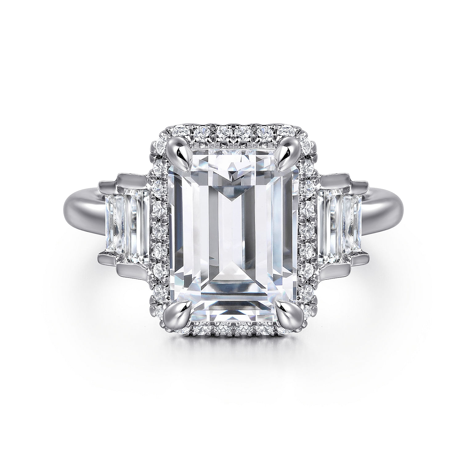 18K White Gold Emerald Cut Halo Five Stone Diamond Engagement Ring