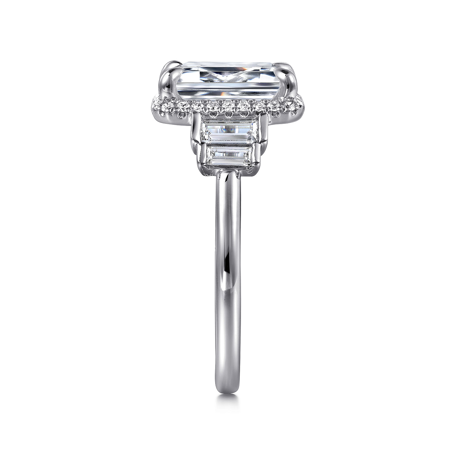 18K White Gold Emerald Cut Halo Five Stone Diamond Engagement Ring