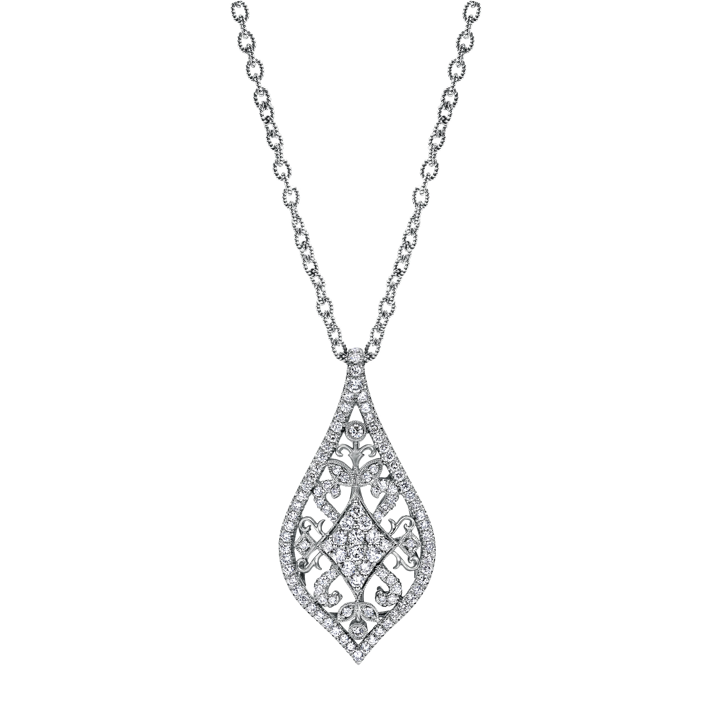 18K White Gold Filigree Diamond Teardrop Pendant Necklace