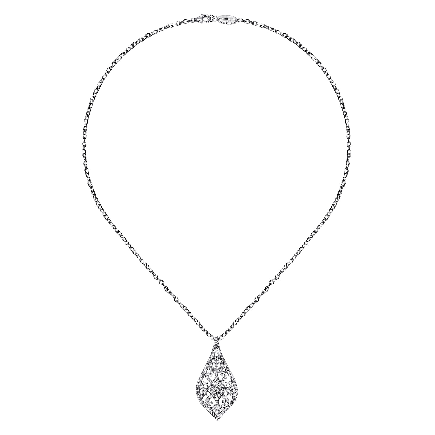18K White Gold Filigree Diamond Teardrop Pendant Necklace