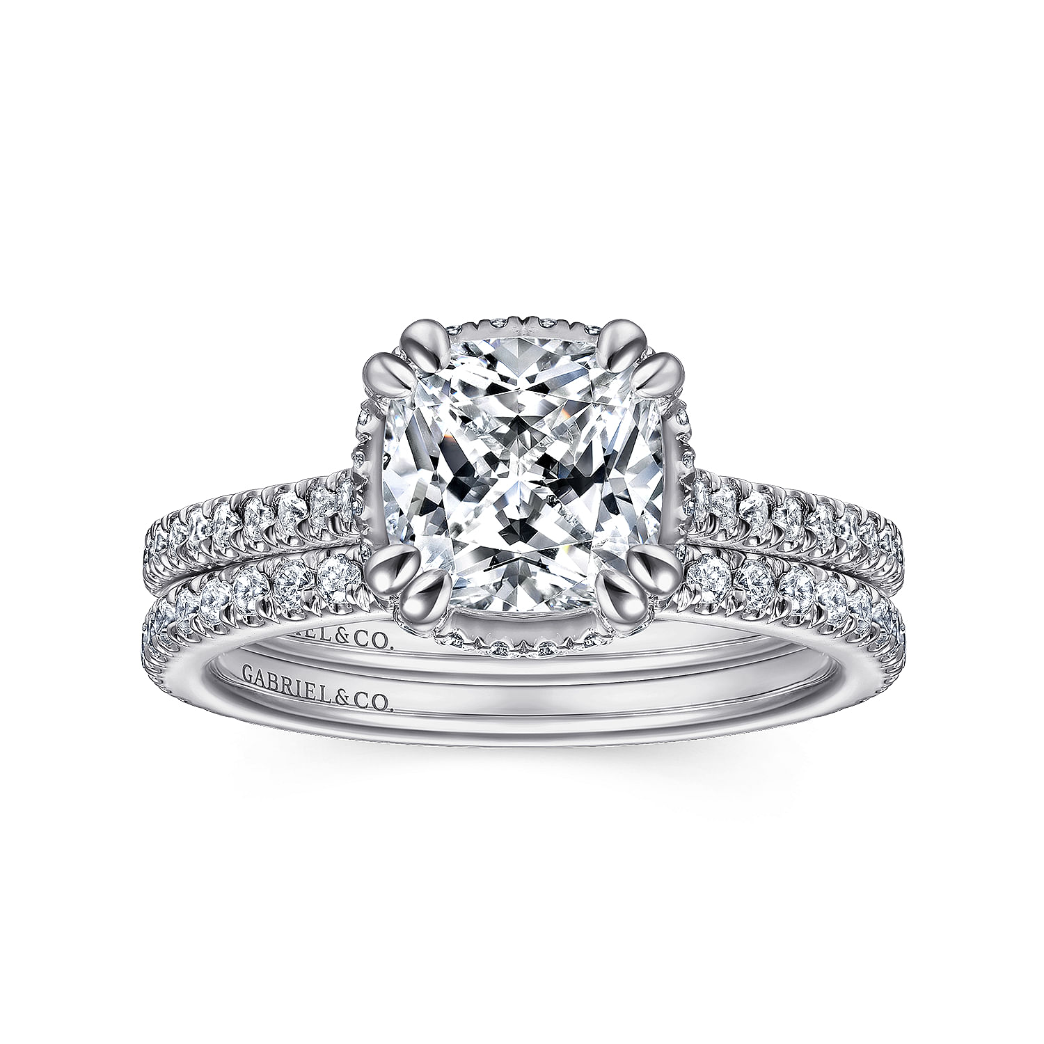 18K White Gold Hidden Halo Cushion Cut Diamond Engagement Ring
