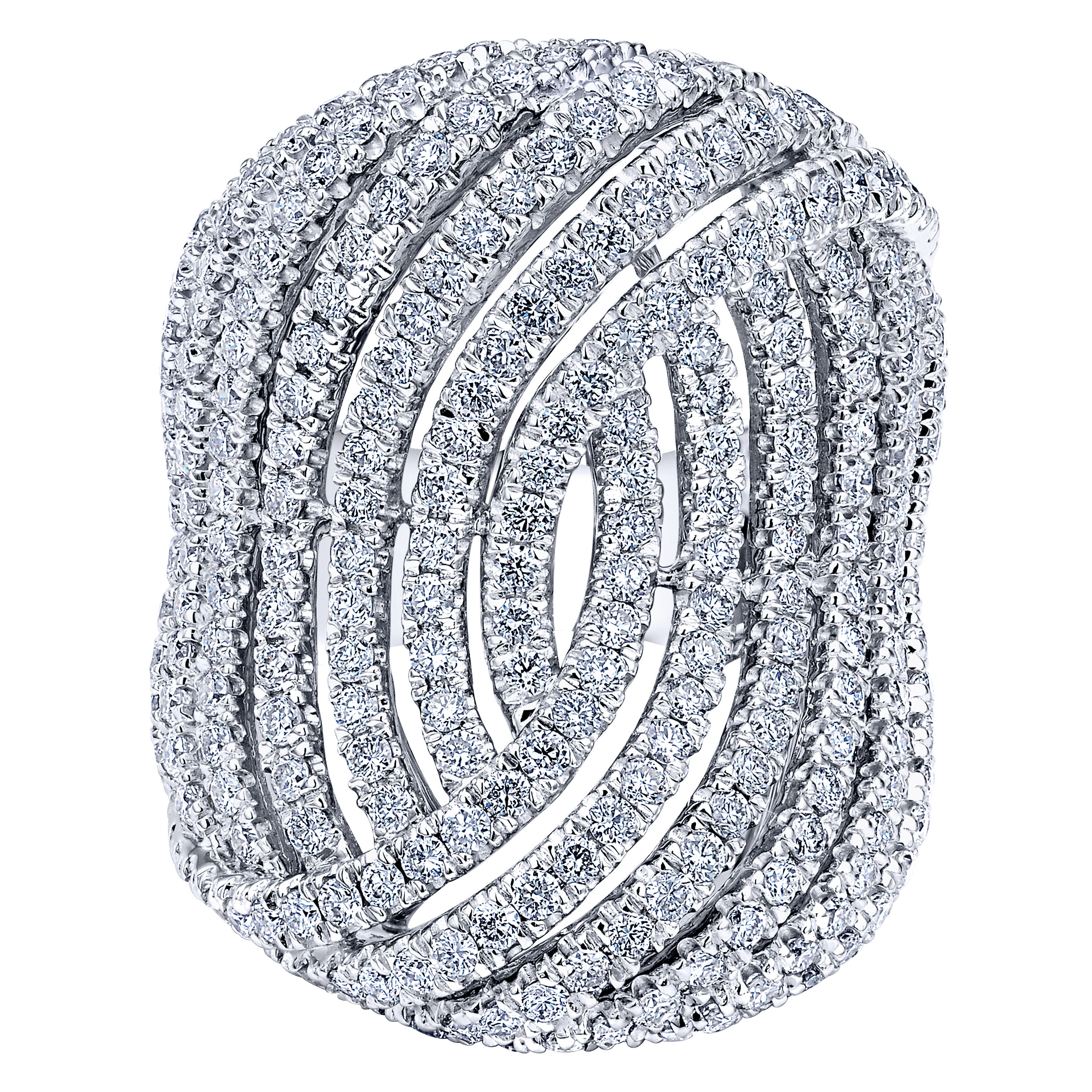 18K White Gold Multi Intersecting Diamond Rows Statement Ring