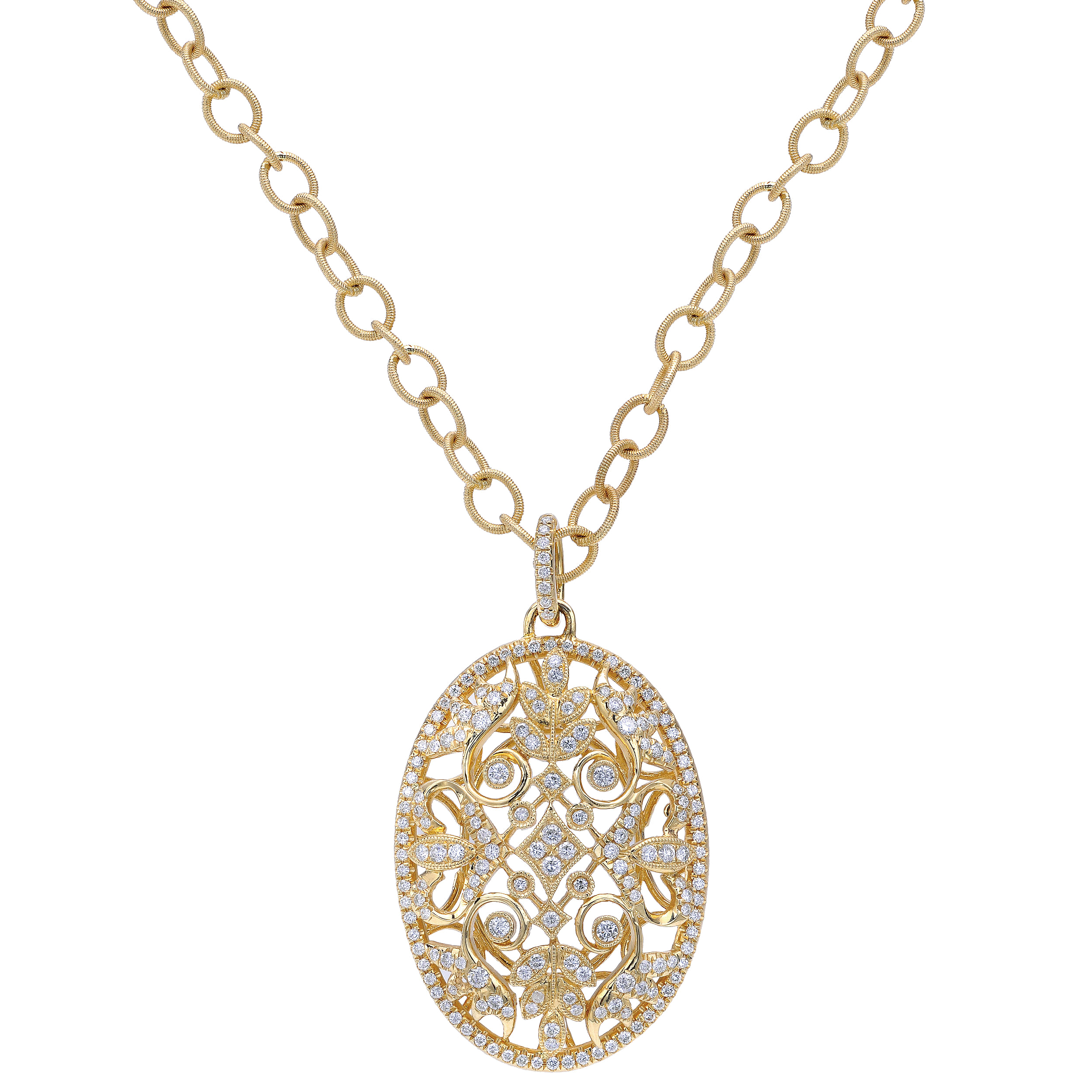 18K White Gold Oval Filligree Diamond Necklace