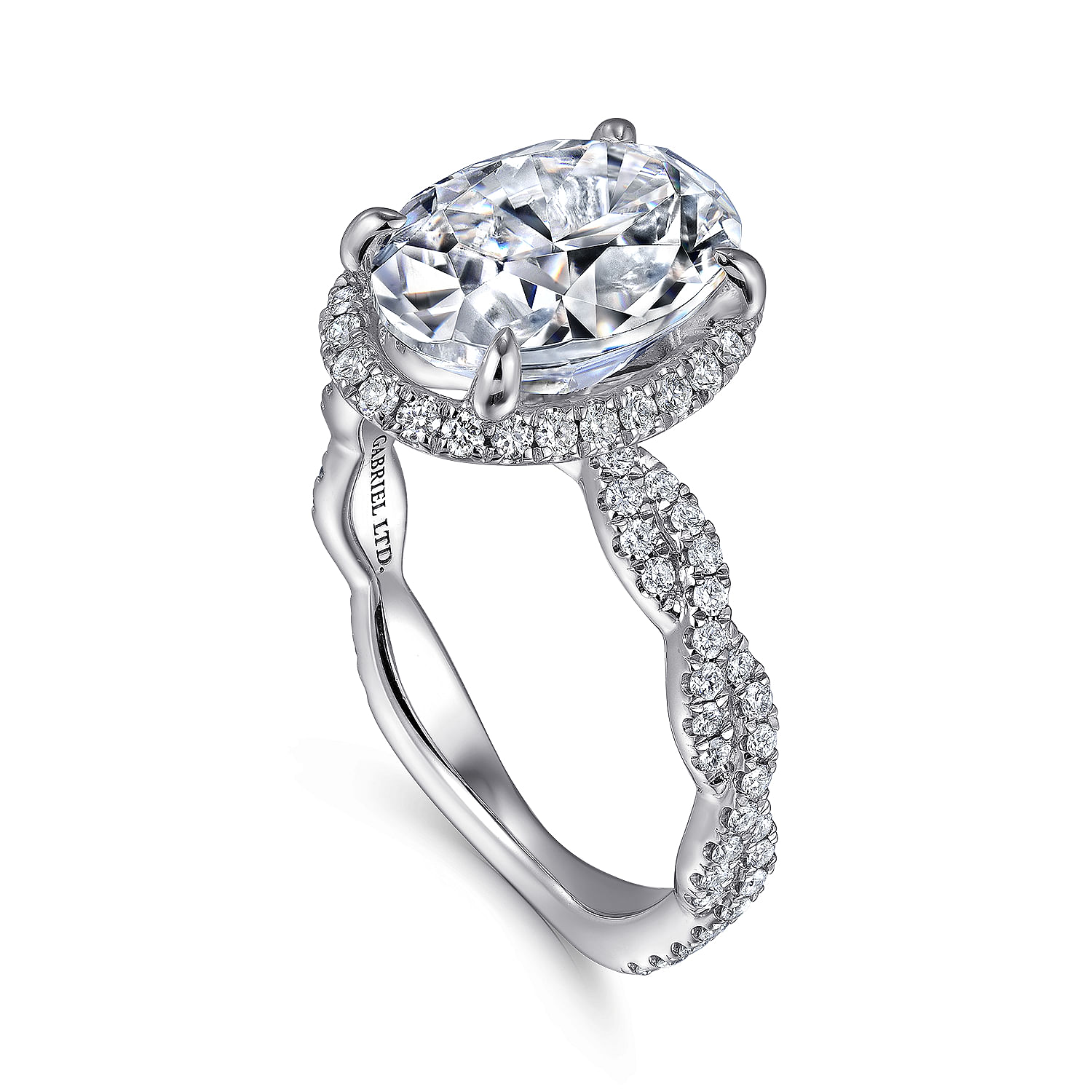 18K White Gold Ovel Cut Halo Twisted Shank Diamond Engagement Ring