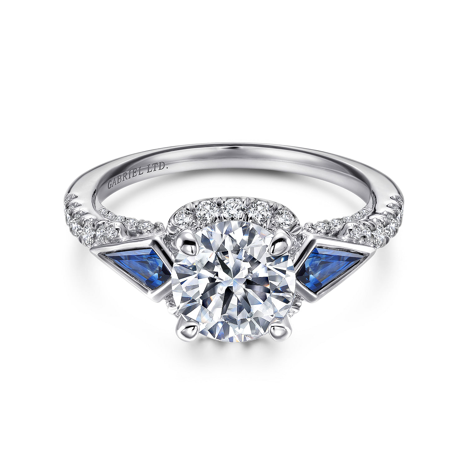 18K White Gold Round 3 Stone Halo Sapphire and Diamond Engagement Ring