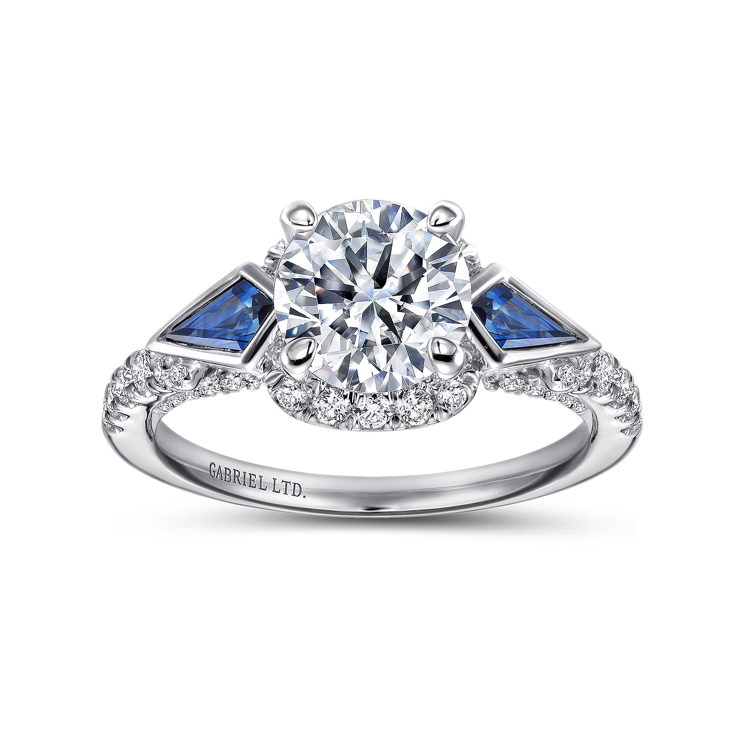 18K White Gold Round 3 Stone Halo Sapphire and Diamond Engagement Ring