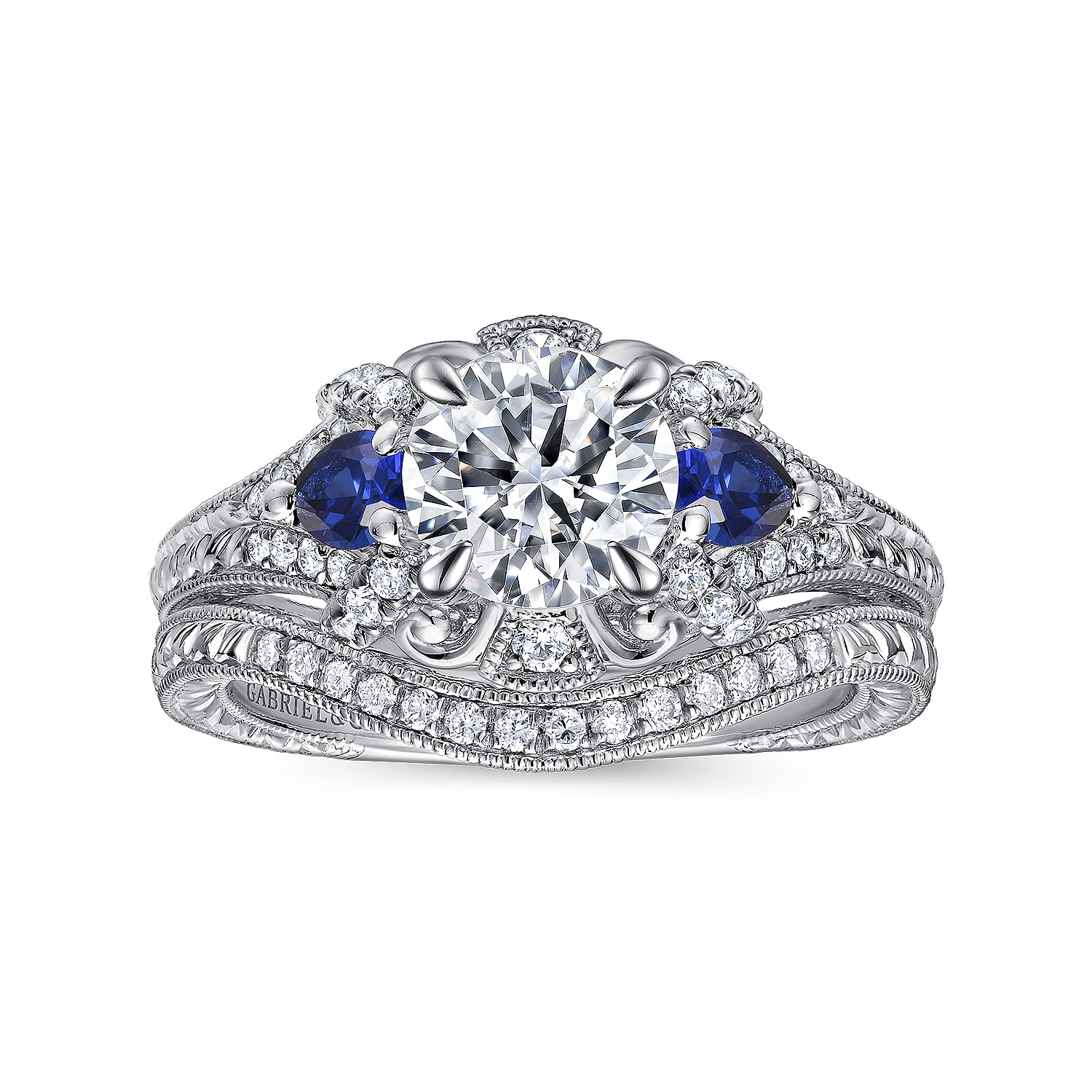 18K White Gold Round Sapphire and Diamond Engagement Ring