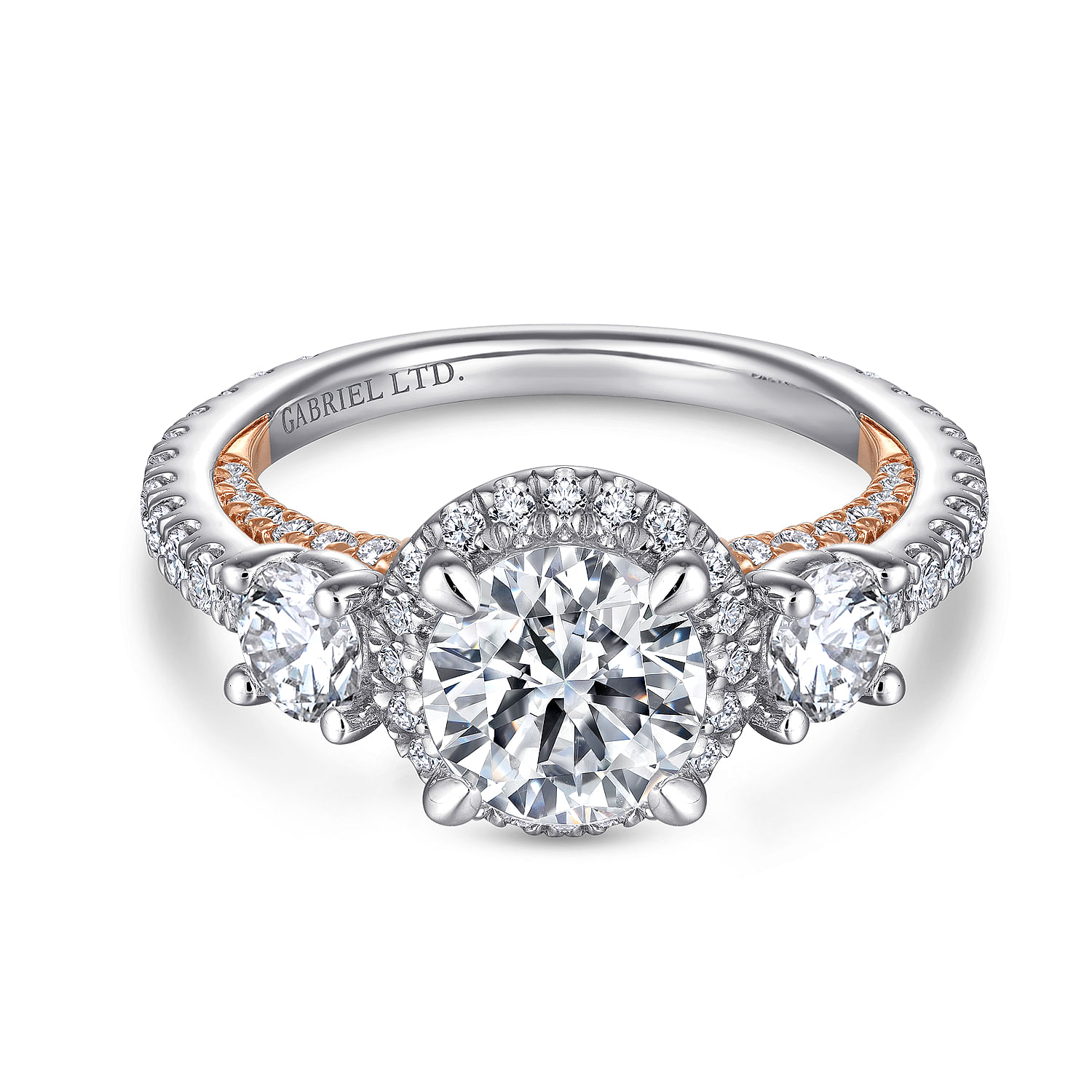 18K White-Rose Gold Round Three Stone Diamond Engagement Ring