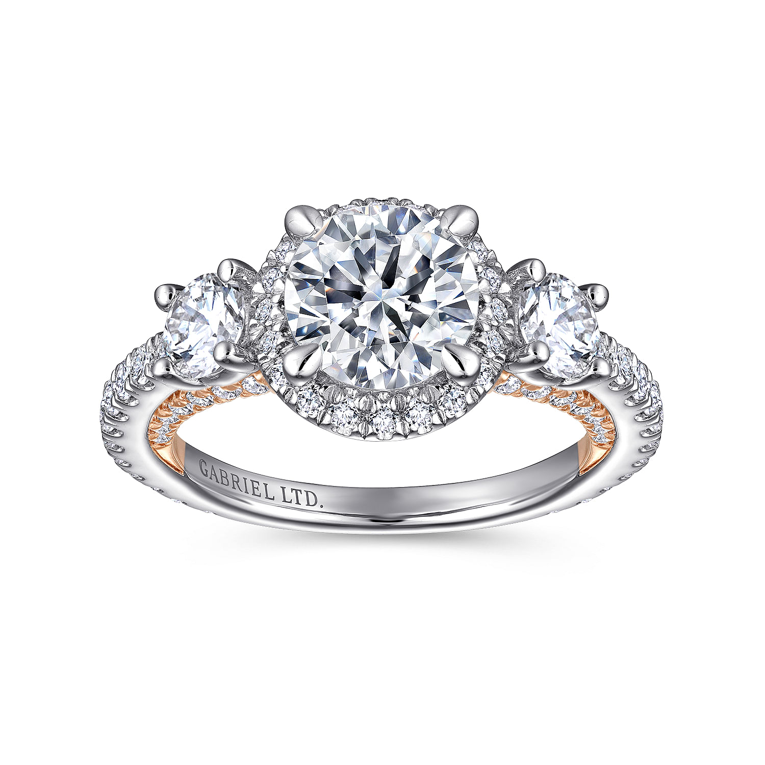 18K White-Rose Gold Round Three Stone Diamond Engagement Ring