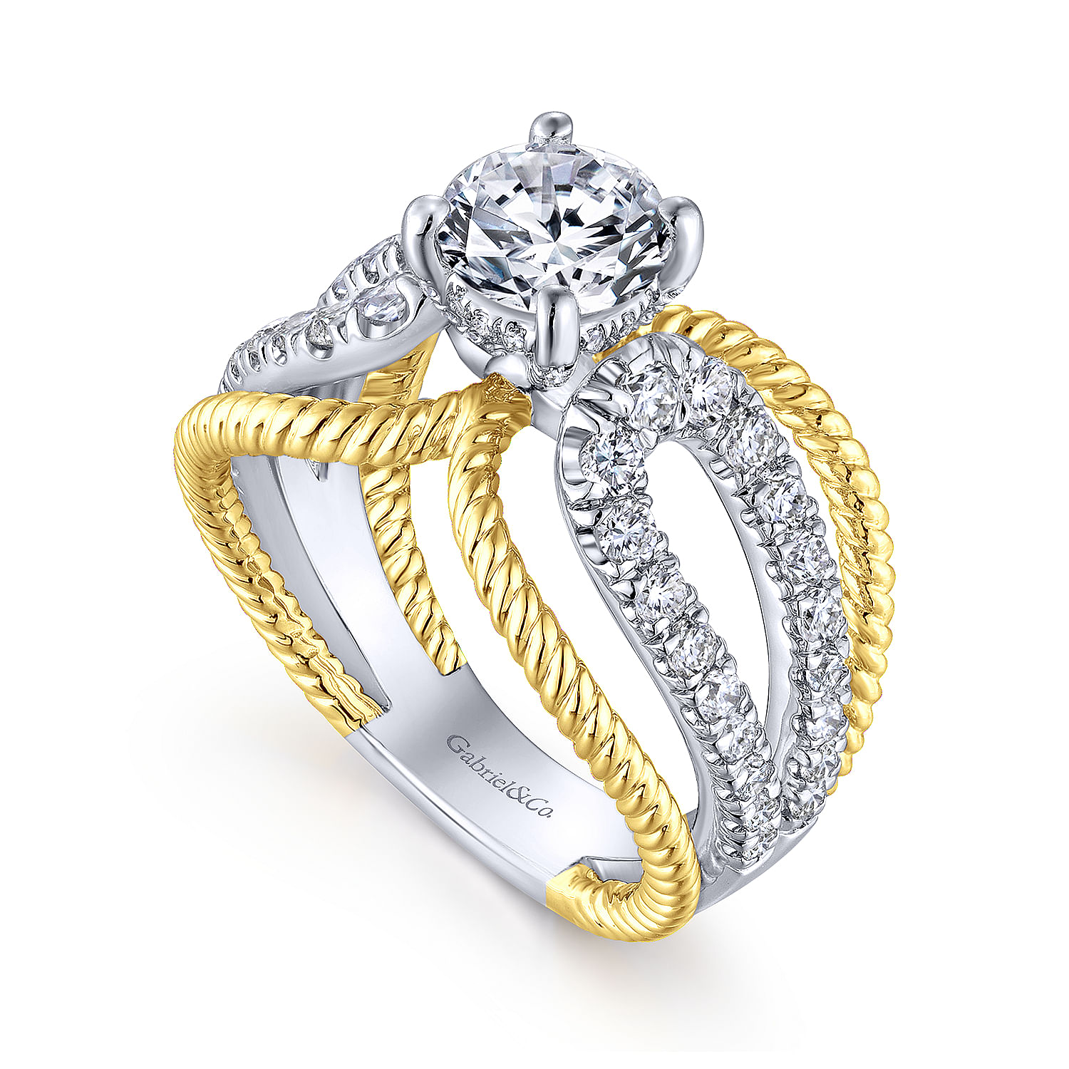 18K White-Yellow Gold Round Diamond Split Shank Engagement Ring