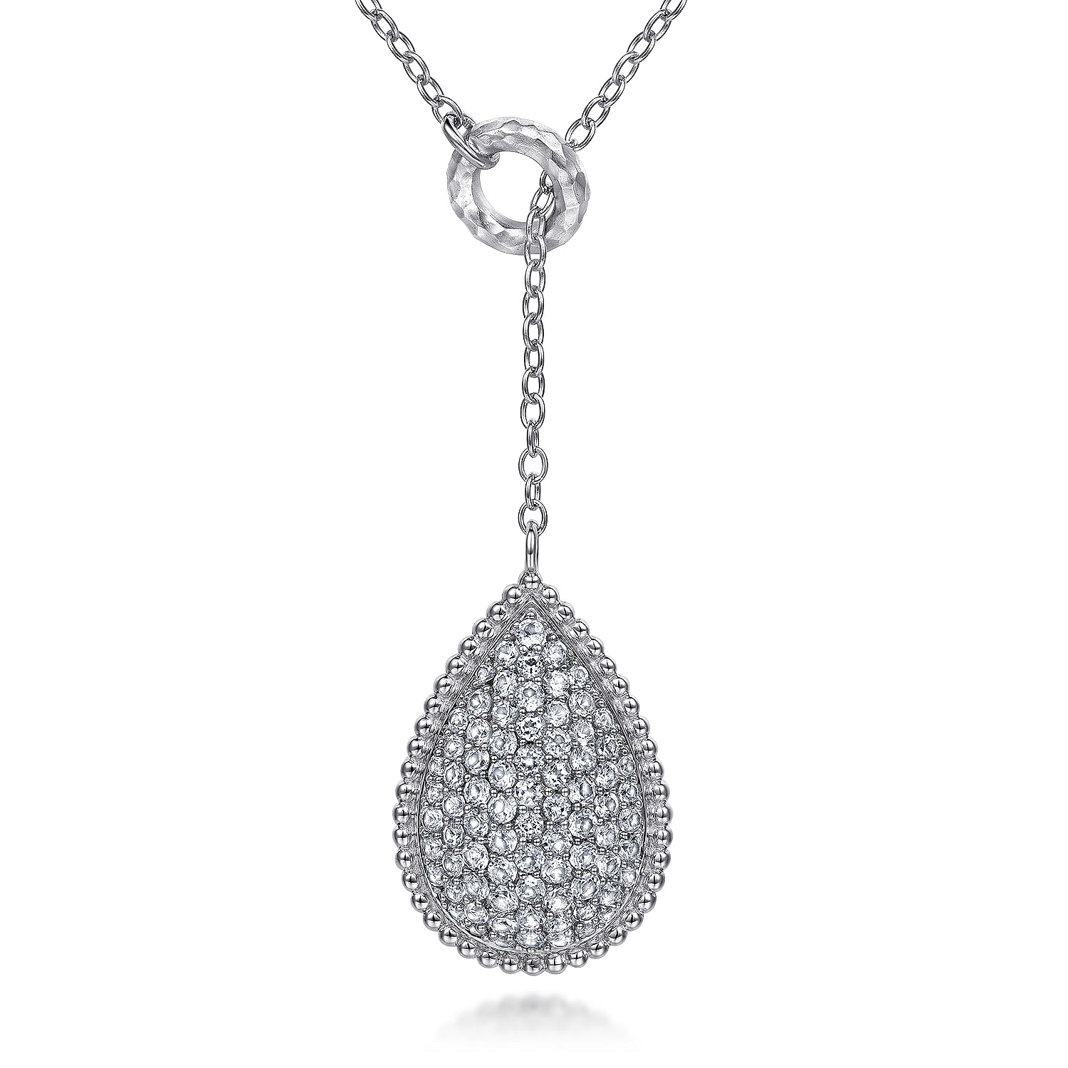24 inch 925 Sterling Silver White Sapphire Pave Teardrop Lariat Necklace