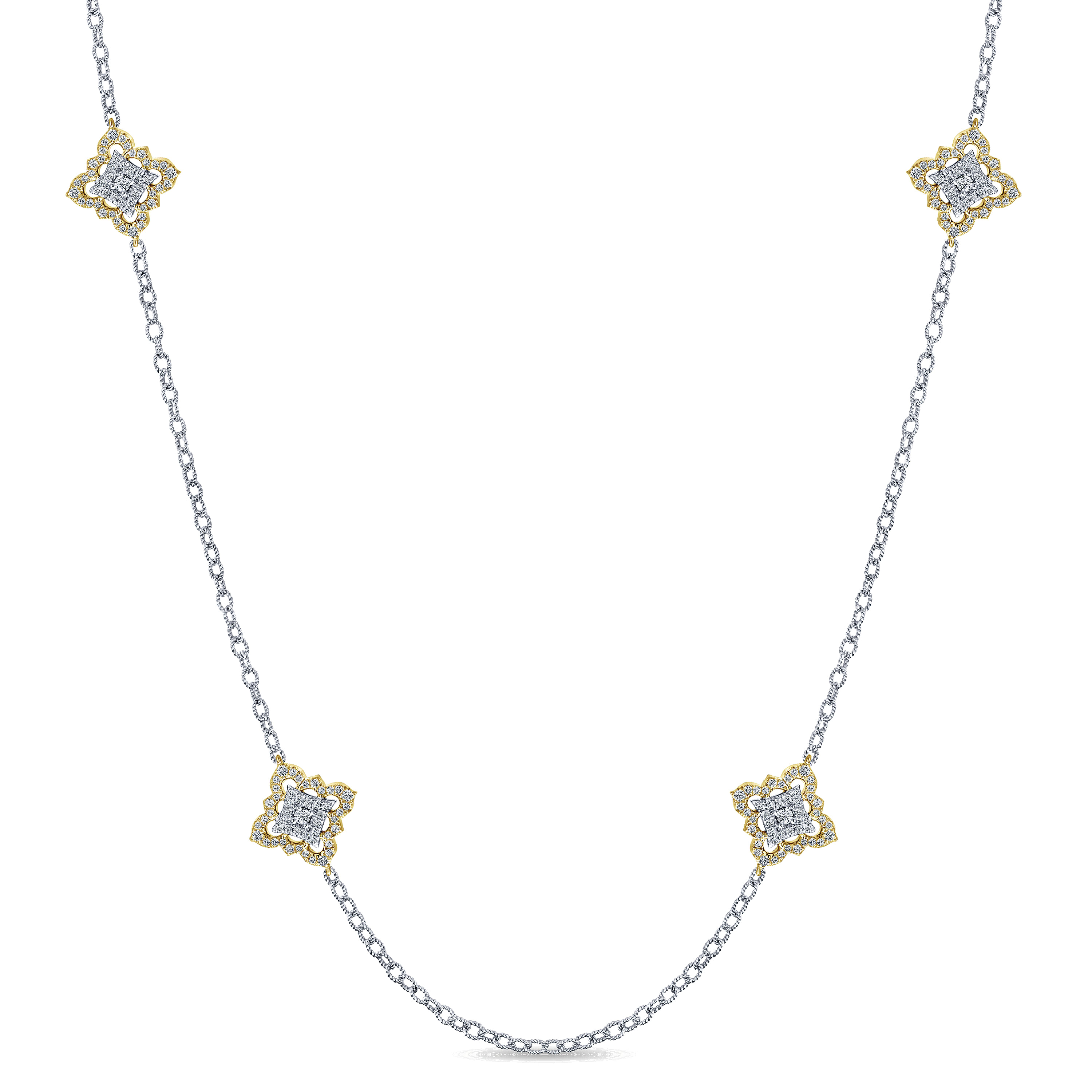 32 inch 18K Yellow and White Gold Filligree and Diamond Station Necklace