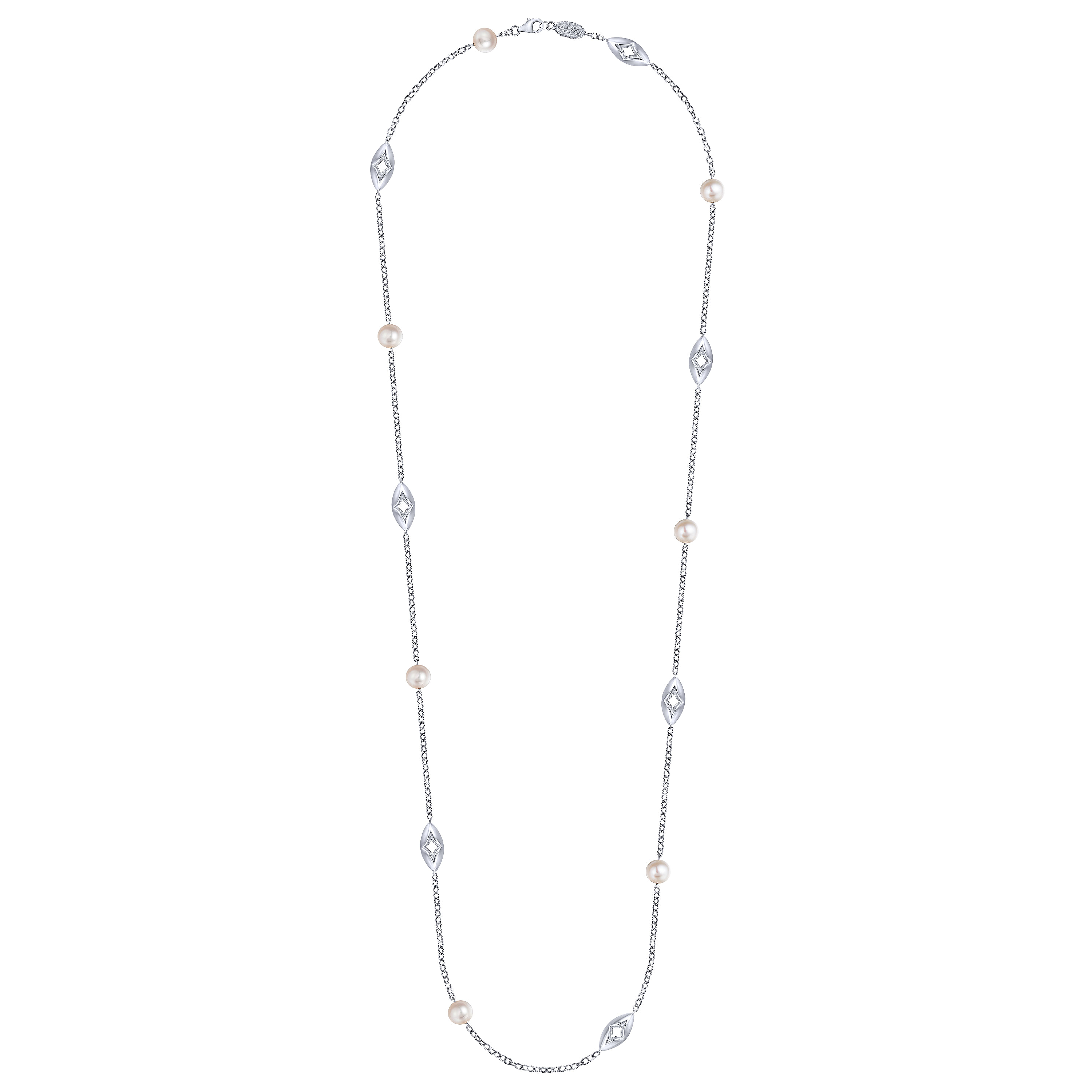 32 inch 925 Sterling Silver Cutout Casting and Pearl Station Necklace