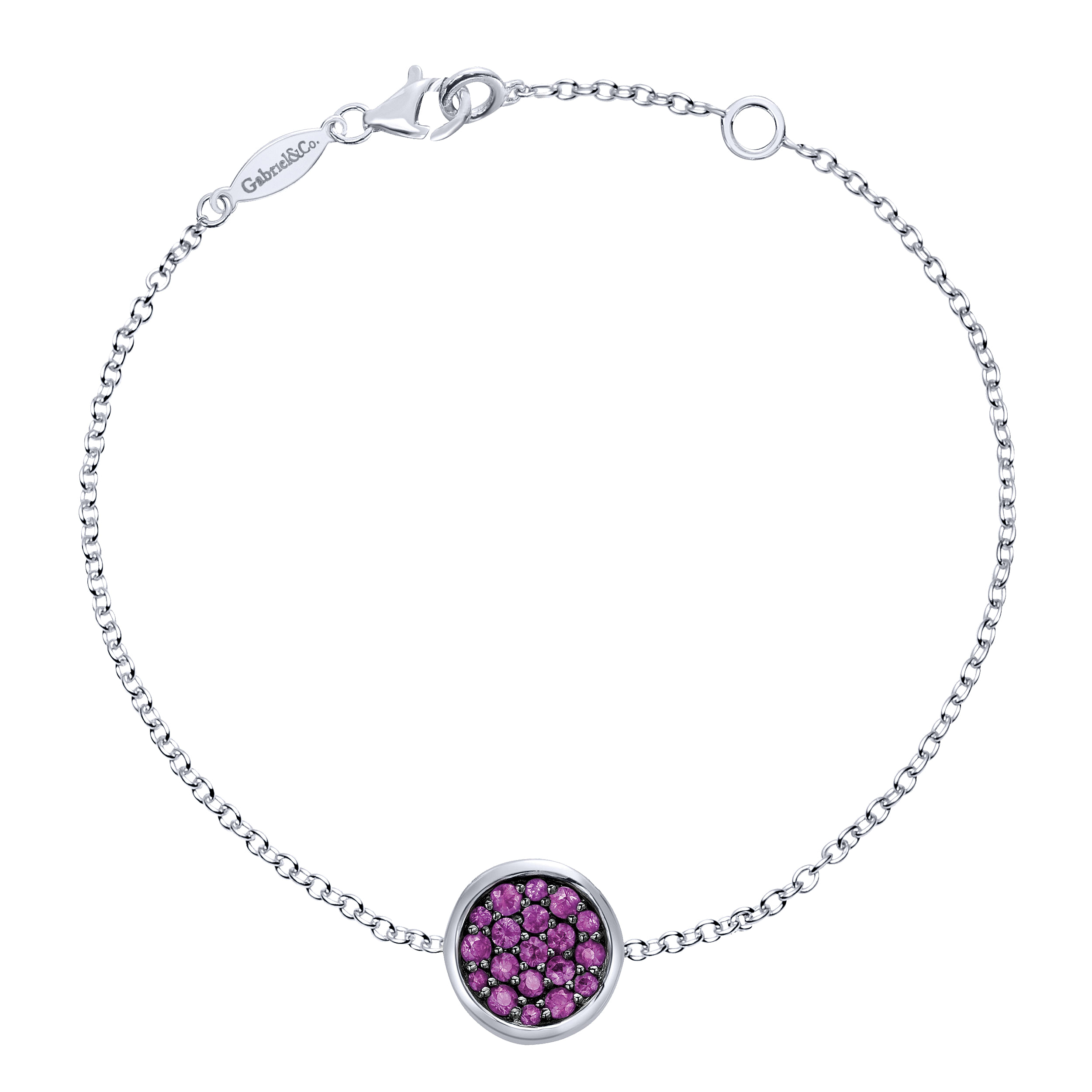 925 Sterling Silver Chain Bracelet with Round Amethyst Stones Station