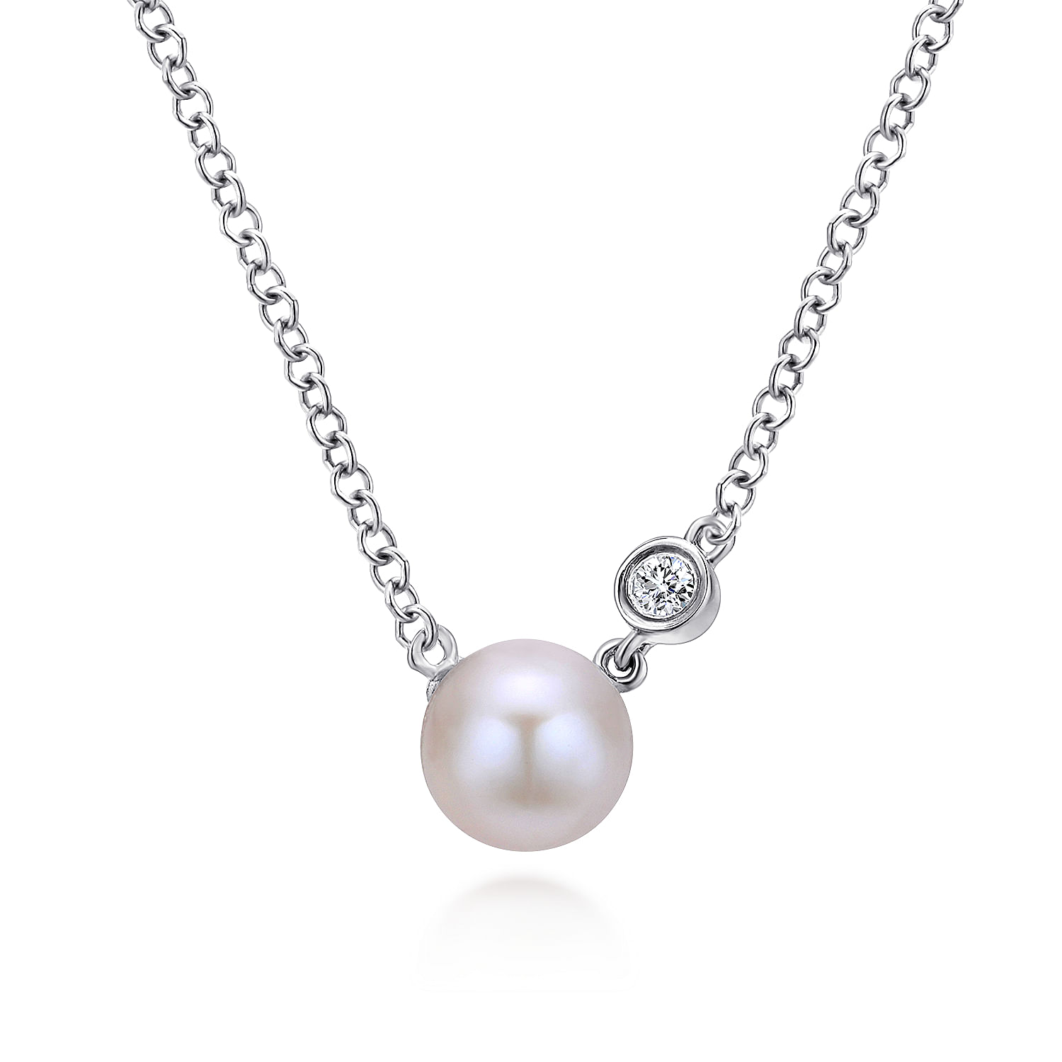 925 Sterling Silver Cultured Pearl and Bezel Set Diamond Necklace