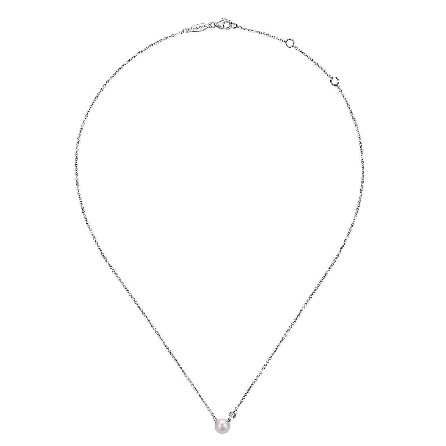 925 Sterling Silver Cultured Pearl and Bezel Set Diamond Necklace