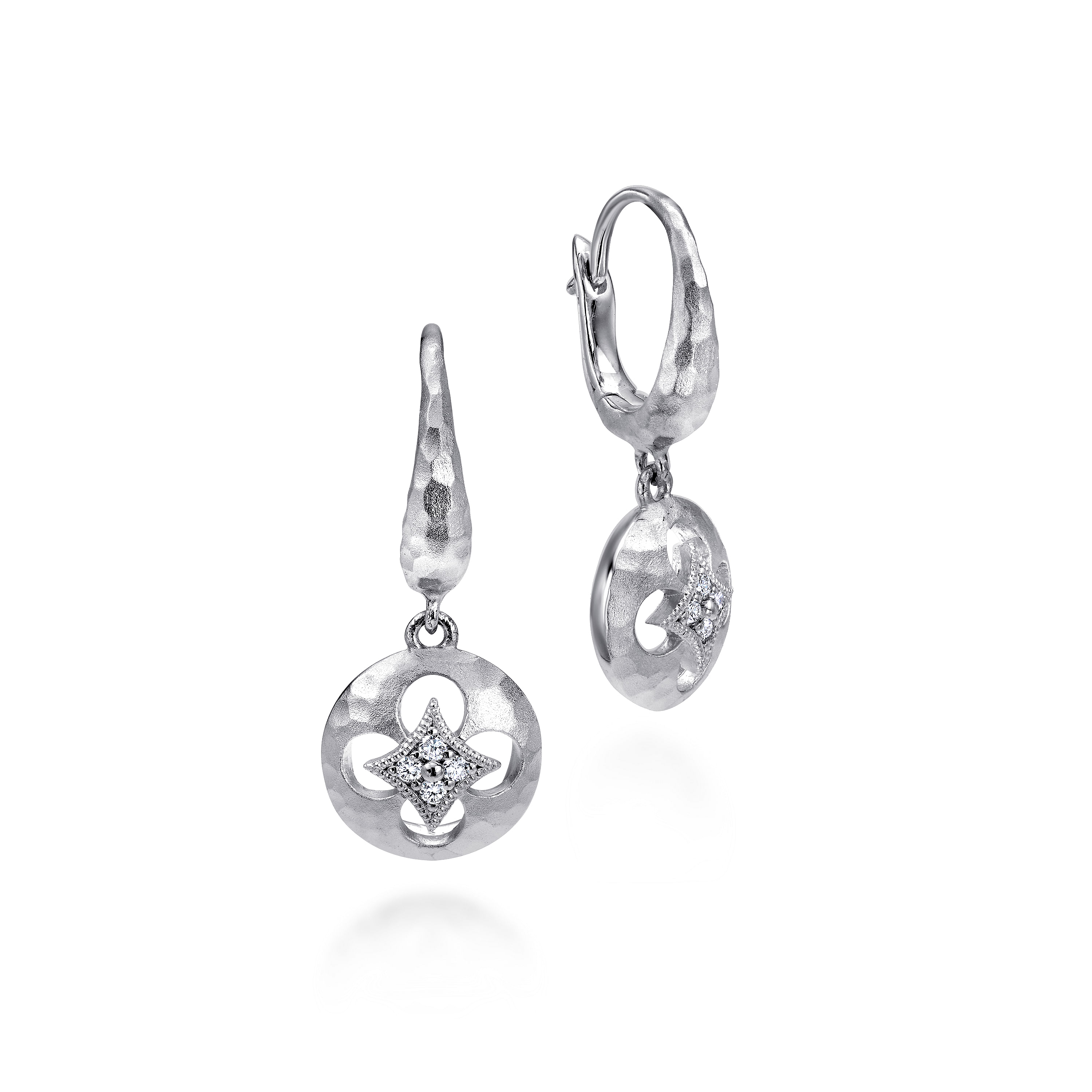 925 Sterling Silver Hammered Disc Earrings with Diamond Accent