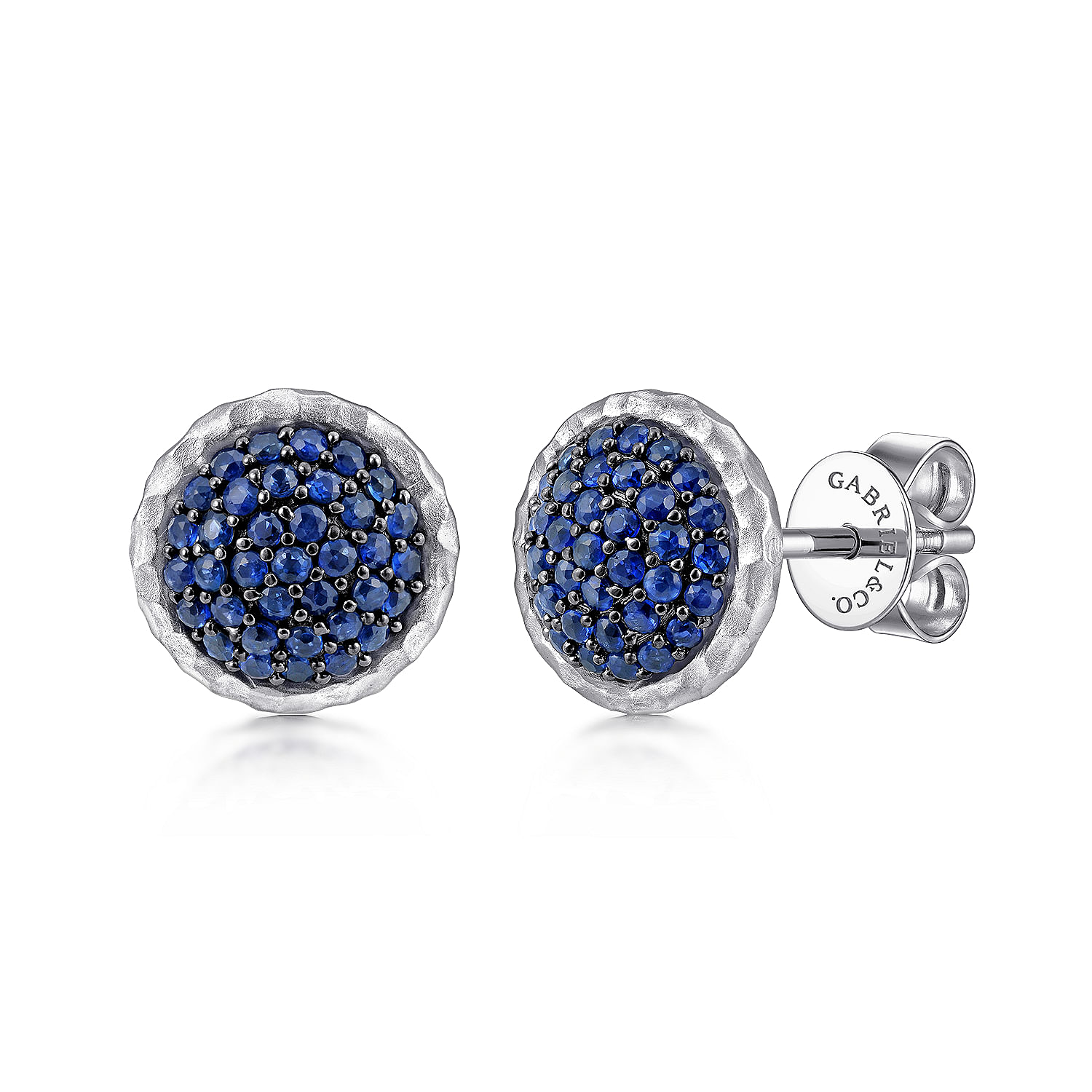 925 Sterling Silver Hammered Round Sapphire Pavé Stud Earrings