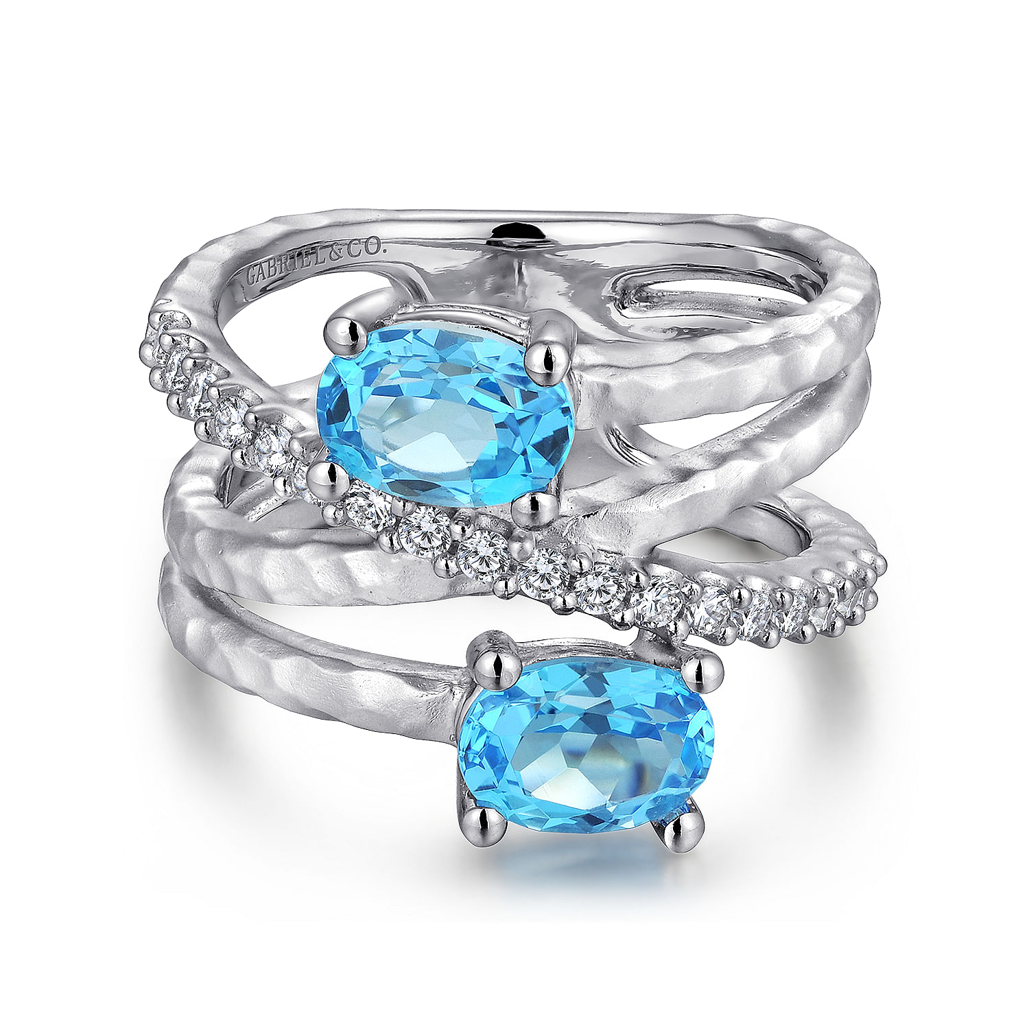 925 Sterling Silver Multi Row Blue Topaz and White Sapphire Twisted Ring