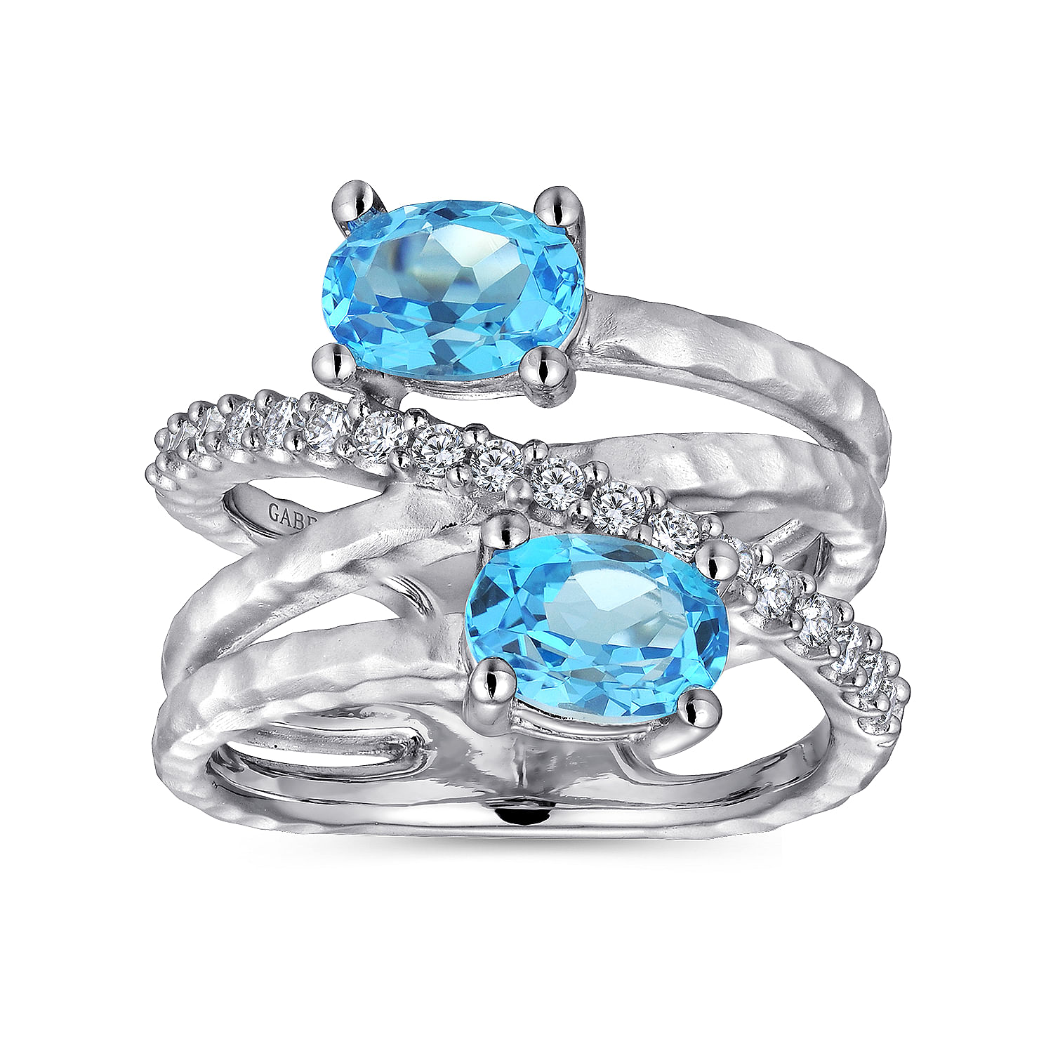 925 Sterling Silver Multi Row Blue Topaz and White Sapphire Twisted Ring