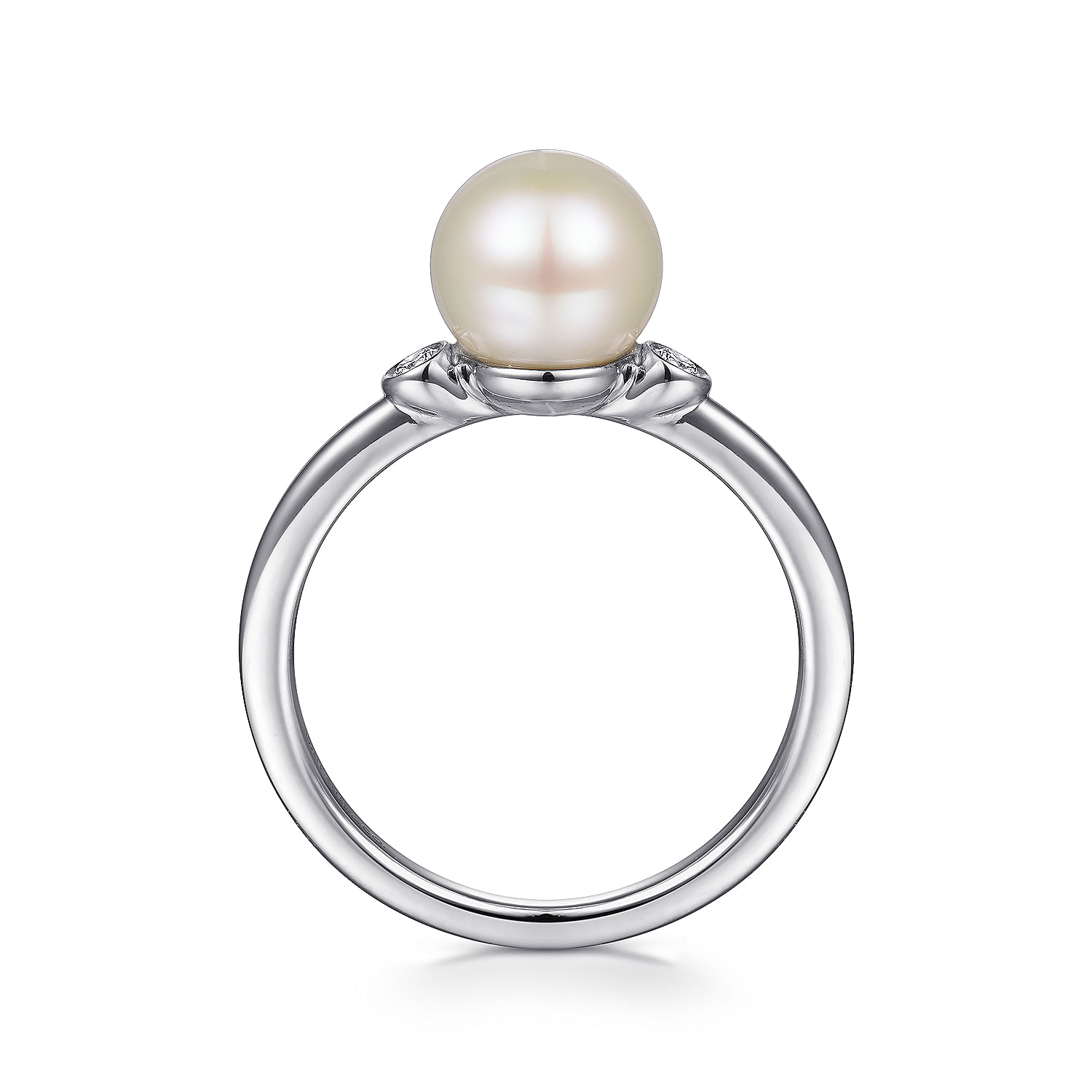 925 Sterling Silver Pearl Ring with Bezel Set Side Diamonds