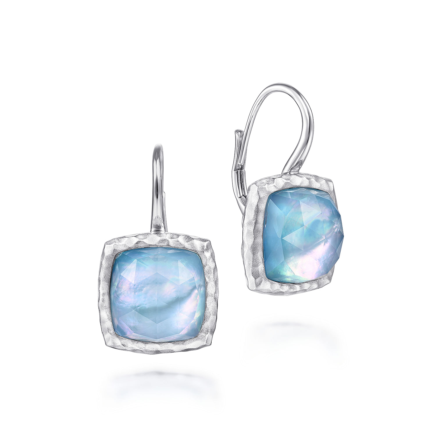 925 Sterling Silver Rock Crystal/MOP/Turquoise Cushion Drop Earrings
