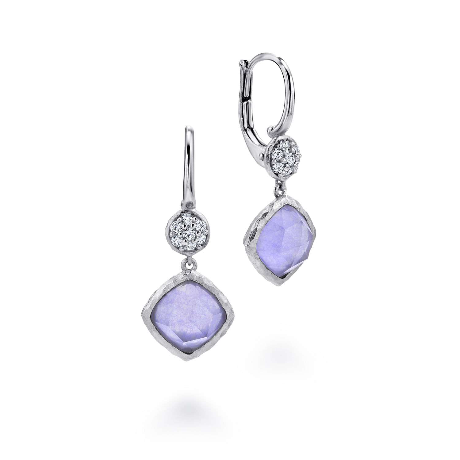 925 Sterling Silver Rock Crystal/Purple Jade Cushion Drop Earrings with White Sapphire Tops