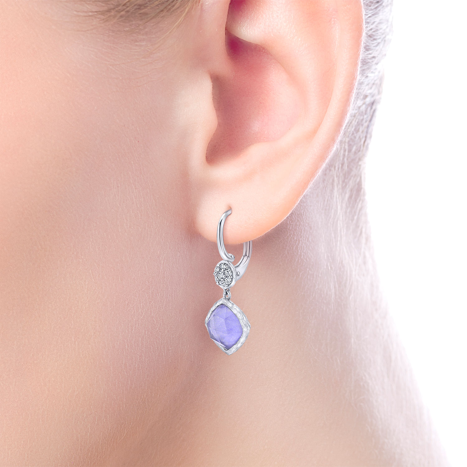 925 Sterling Silver Rock Crystal/Purple Jade Cushion Drop Earrings with White Sapphire Tops