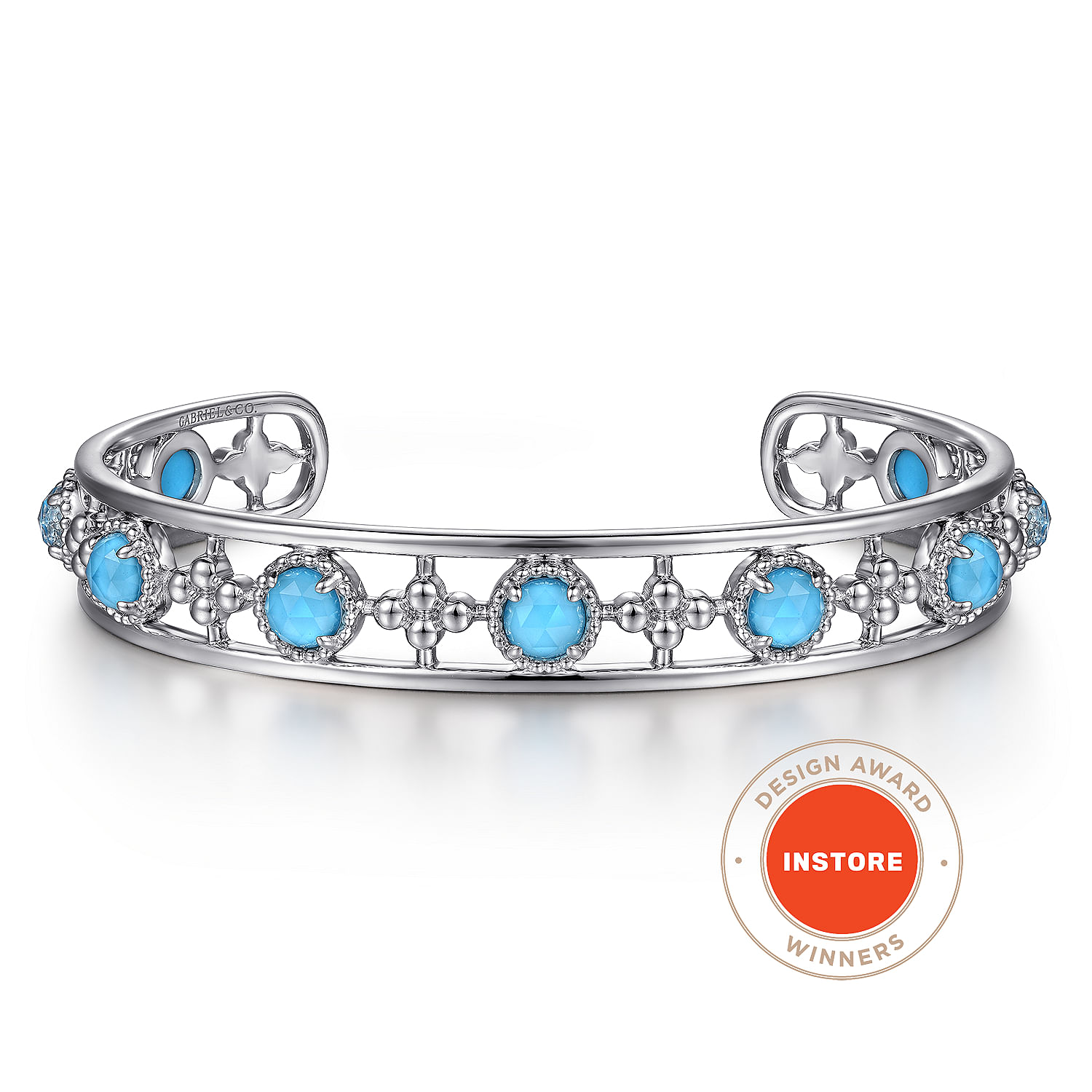 925 Sterling Silver Rock Crystal and Turquoise Station Bangle