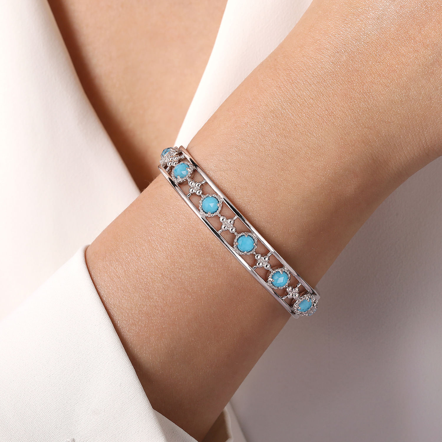 925 Sterling Silver Rock Crystal and Turquoise Station Bangle