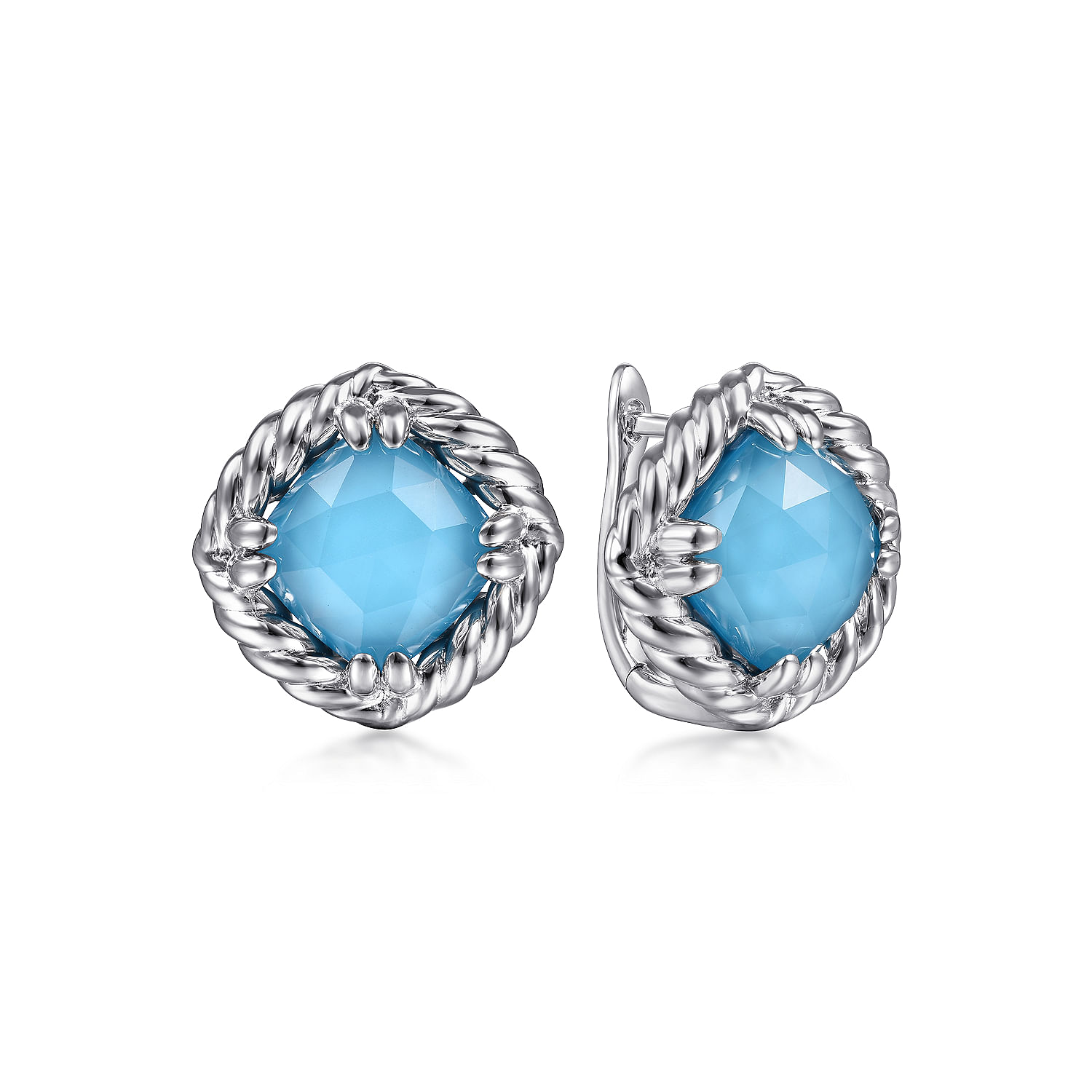 925 Sterling Silver Rock Crystal and Turquoise Stone Studs with Rope Frame