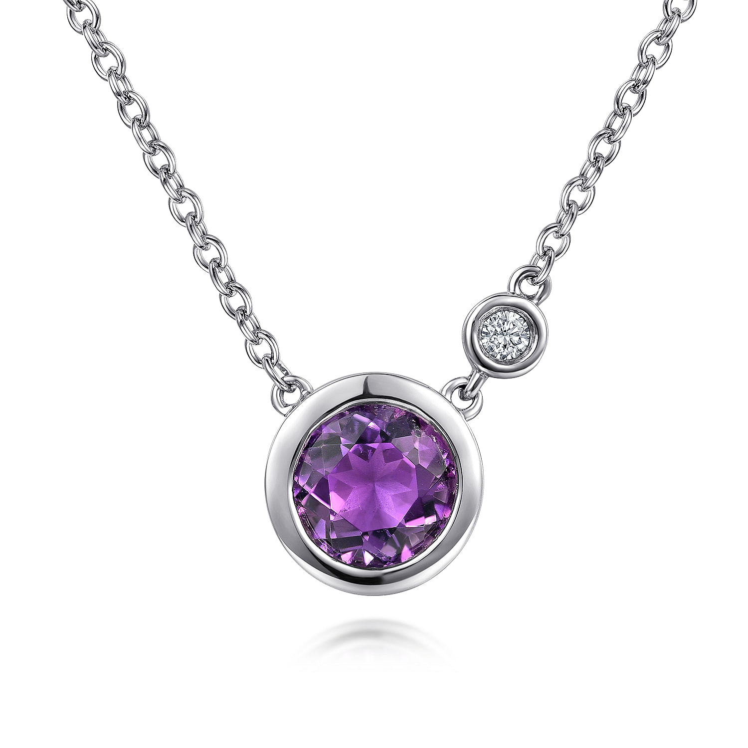 925 Sterling Silver Round Bezel Set Amethyst and Diamond Pendant Necklace