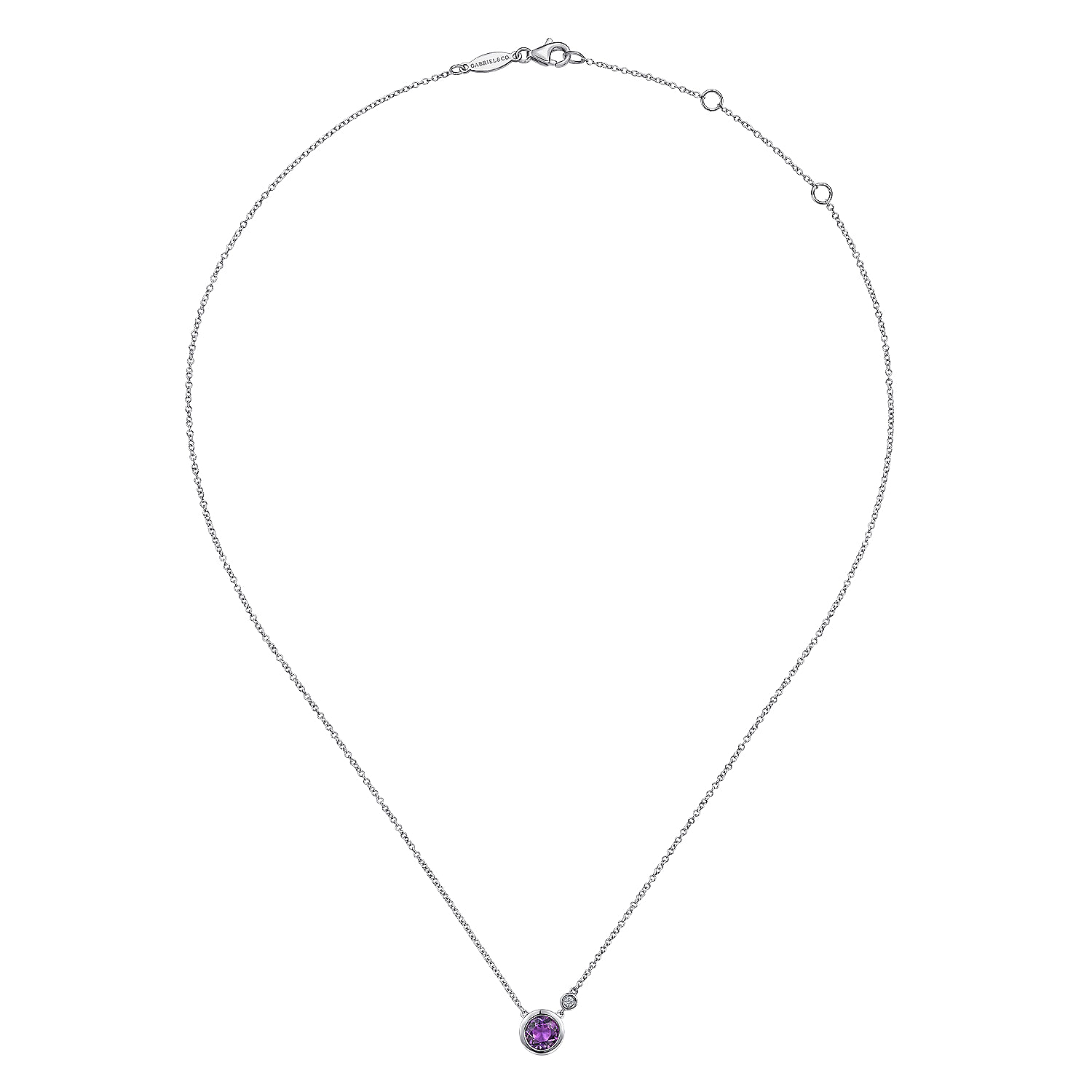 925 Sterling Silver Round Bezel Set Amethyst and Diamond Pendant Necklace