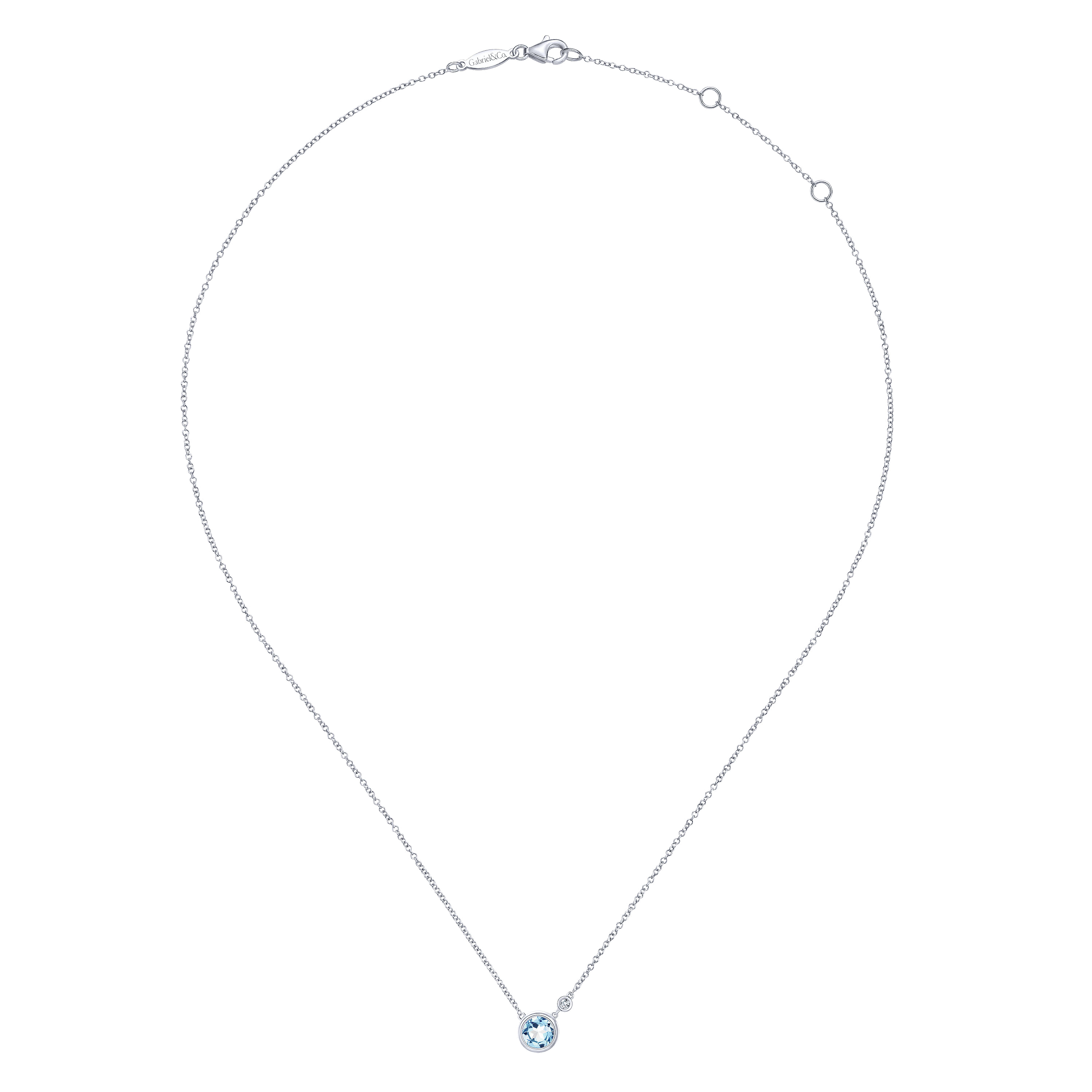 925 Sterling Silver Round Bezel Set Aquamarine and Diamond Pendant Necklace