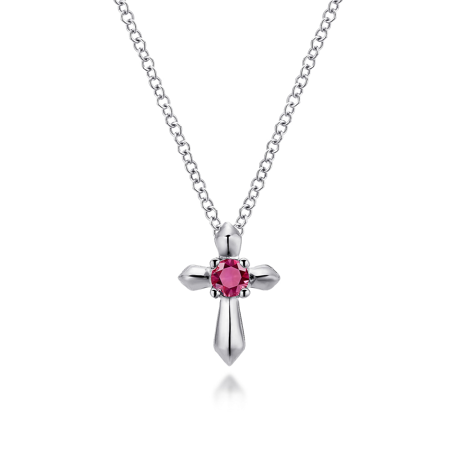 925 Sterling Silver Round Ruby Cross Pendant Necklace