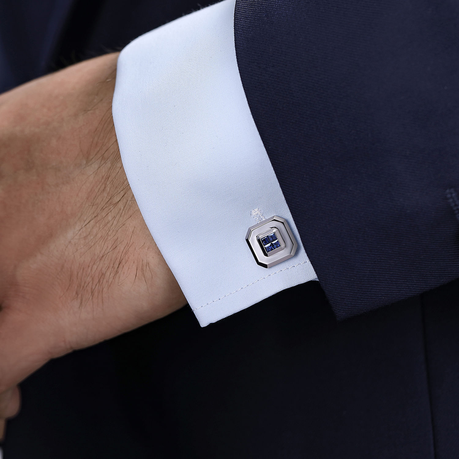 925 Sterling Silver Square Cufflinks with Princess Cut Sapphire Stones